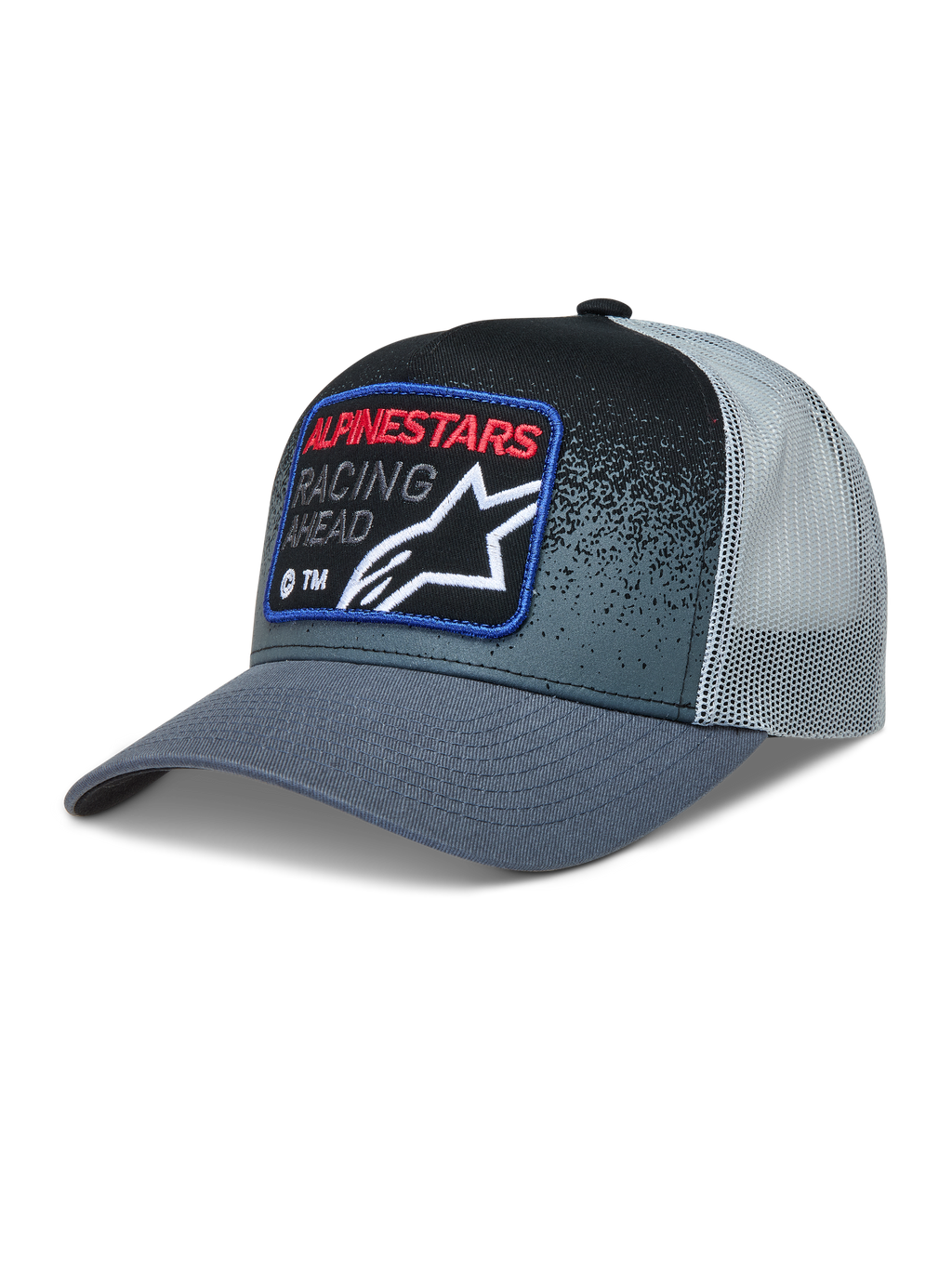 Alpinestars Gravel Boné Trucker, cinzento e preto, com aba curva, parte traseira em malha e patch bordado frontal.