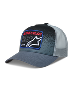 Alpinestars Gravel Boné Trucker, cinzento e preto, com aba curva, parte traseira em malha e patch bordado frontal.