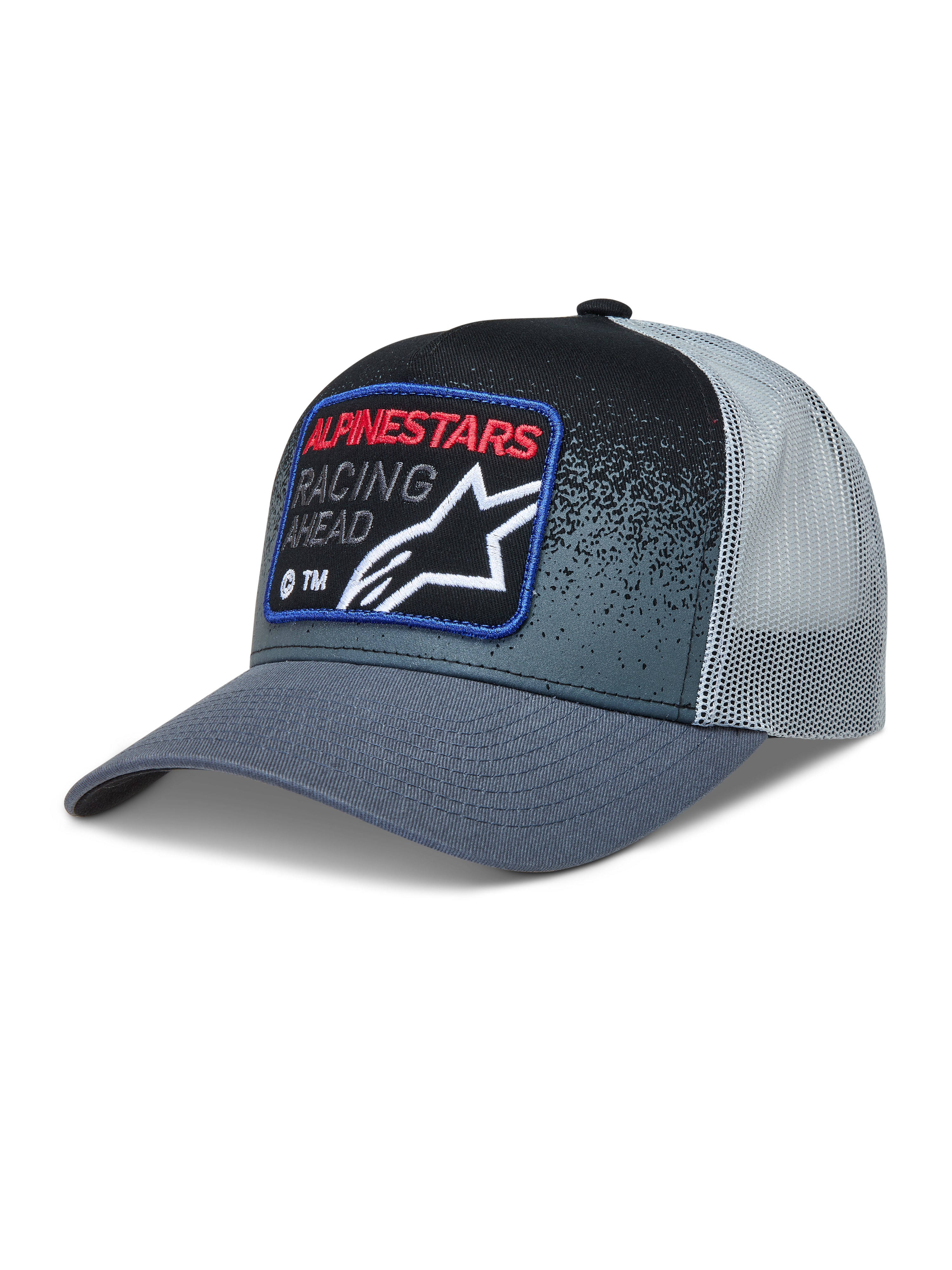 Alpinestars Gravel Boné Trucker, cinzento e preto, com aba curva, parte traseira em malha e patch bordado frontal.