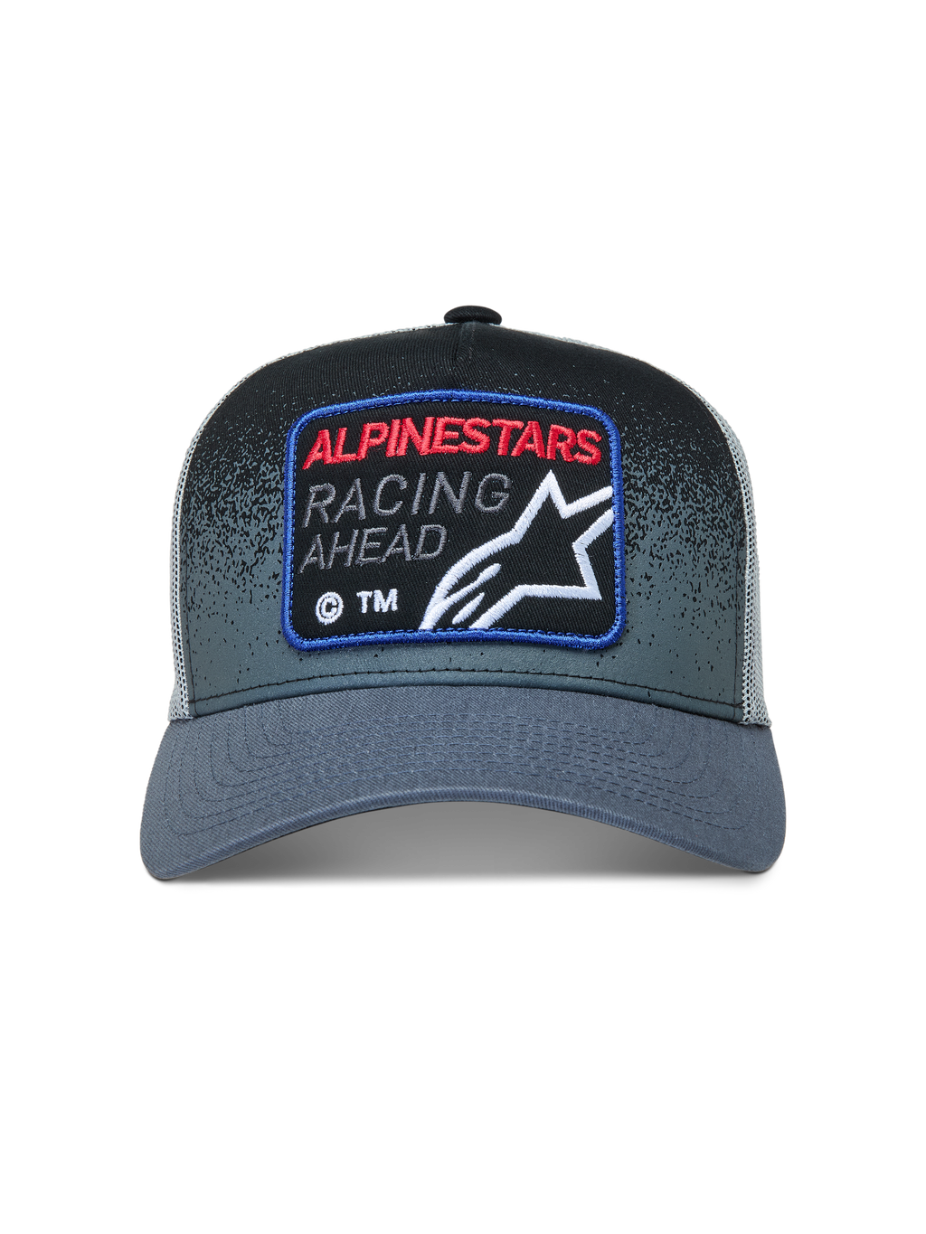 Alpinestars Gravel, boné trucker cinzento e preto com malha traseira e patch frontal de estilo racing.