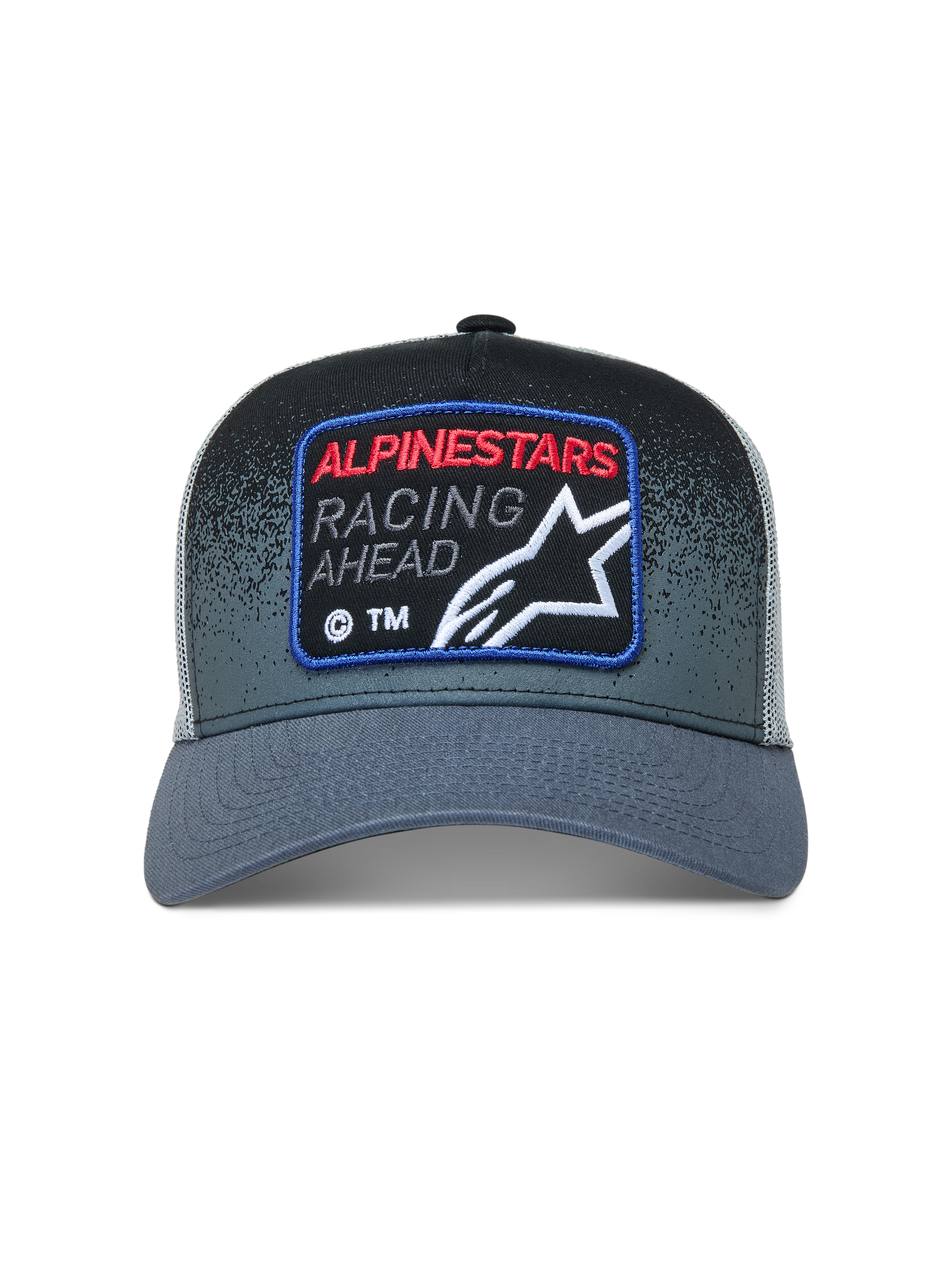Alpinestars Gravel, boné trucker cinzento e preto com malha traseira e patch frontal de estilo racing.