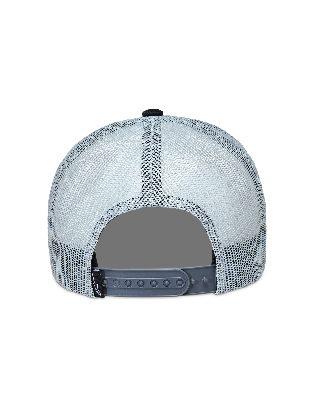 Alpinestars Gravel Boné Trucker, vista traseira em cinzento e preto com malha respirável e fecho snapback ajustável.