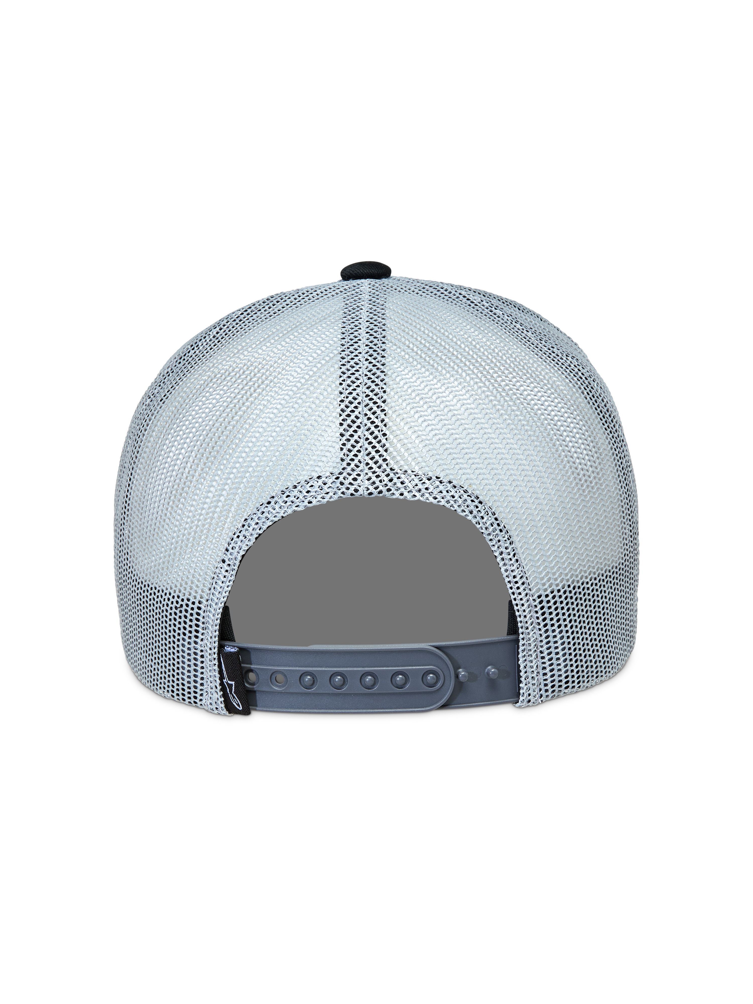 Alpinestars Gravel Boné Trucker, vista traseira em cinzento e preto com malha respirável e fecho snapback ajustável.