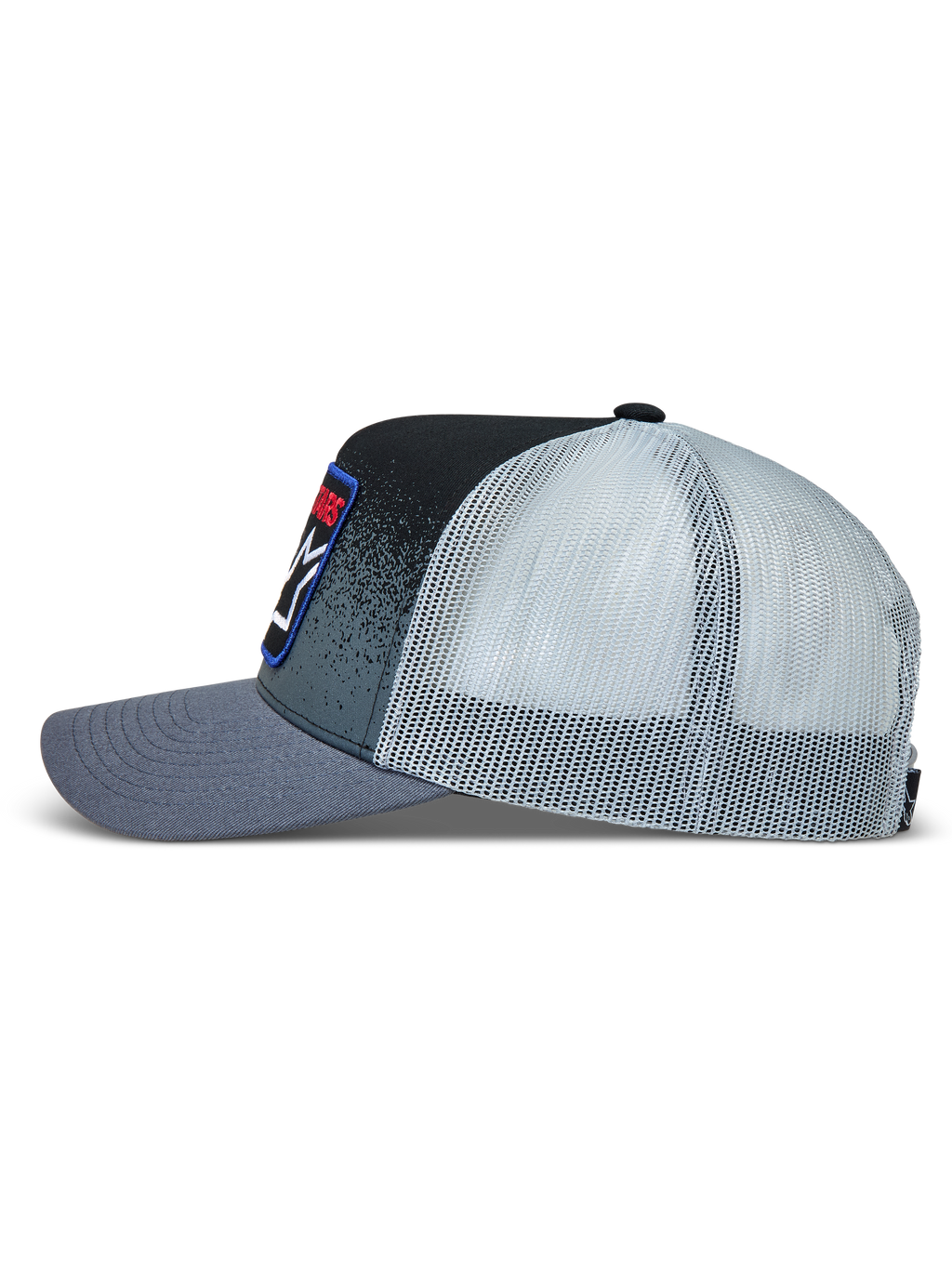Alpinestars Gravel boné trucker, cinzento escuro e preto com malha branca, aba curva e textura de cascalho, casual sportswear.