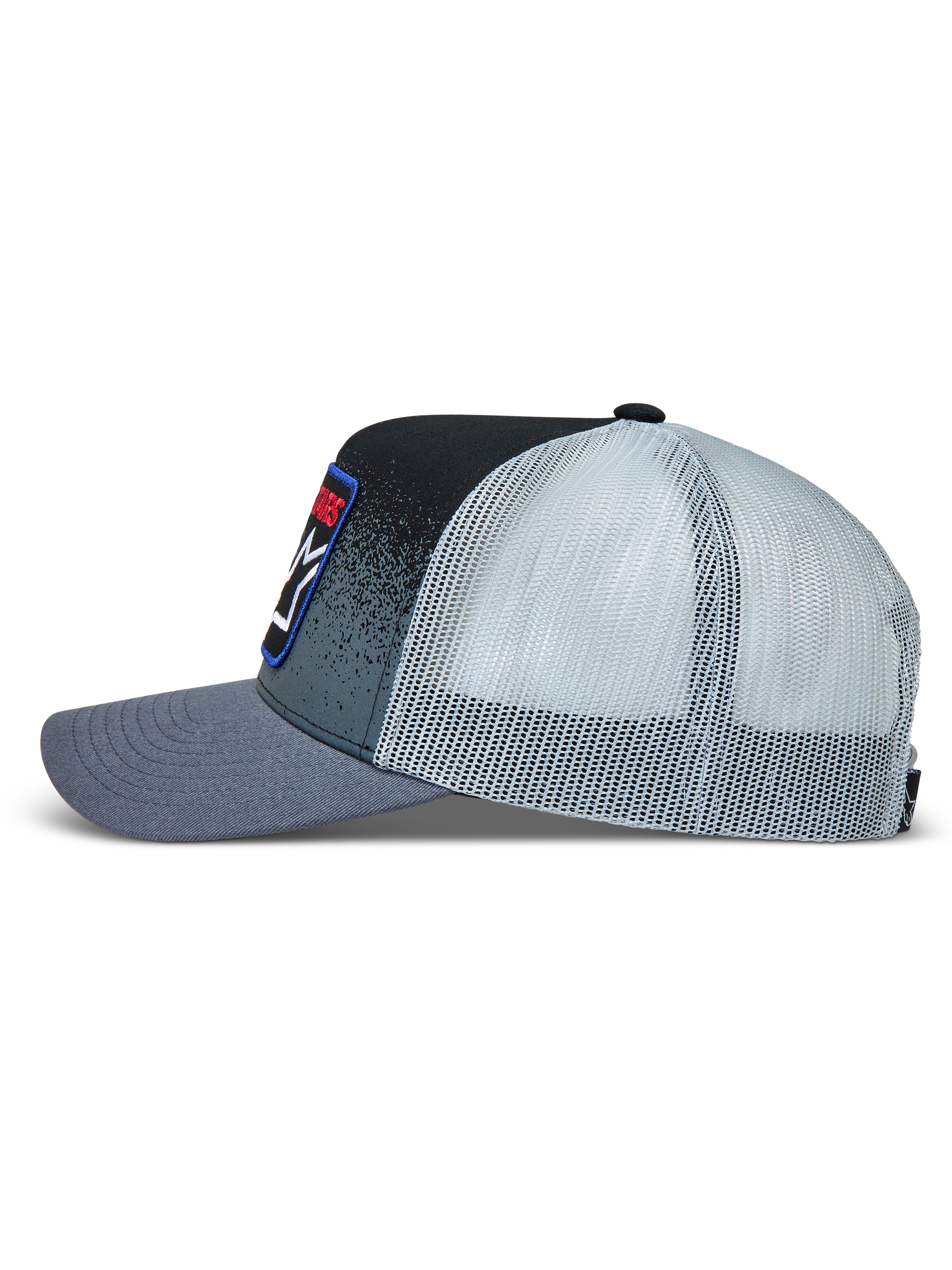Alpinestars Gravel boné trucker, cinzento escuro e preto com malha branca, aba curva e textura de cascalho, casual sportswear.