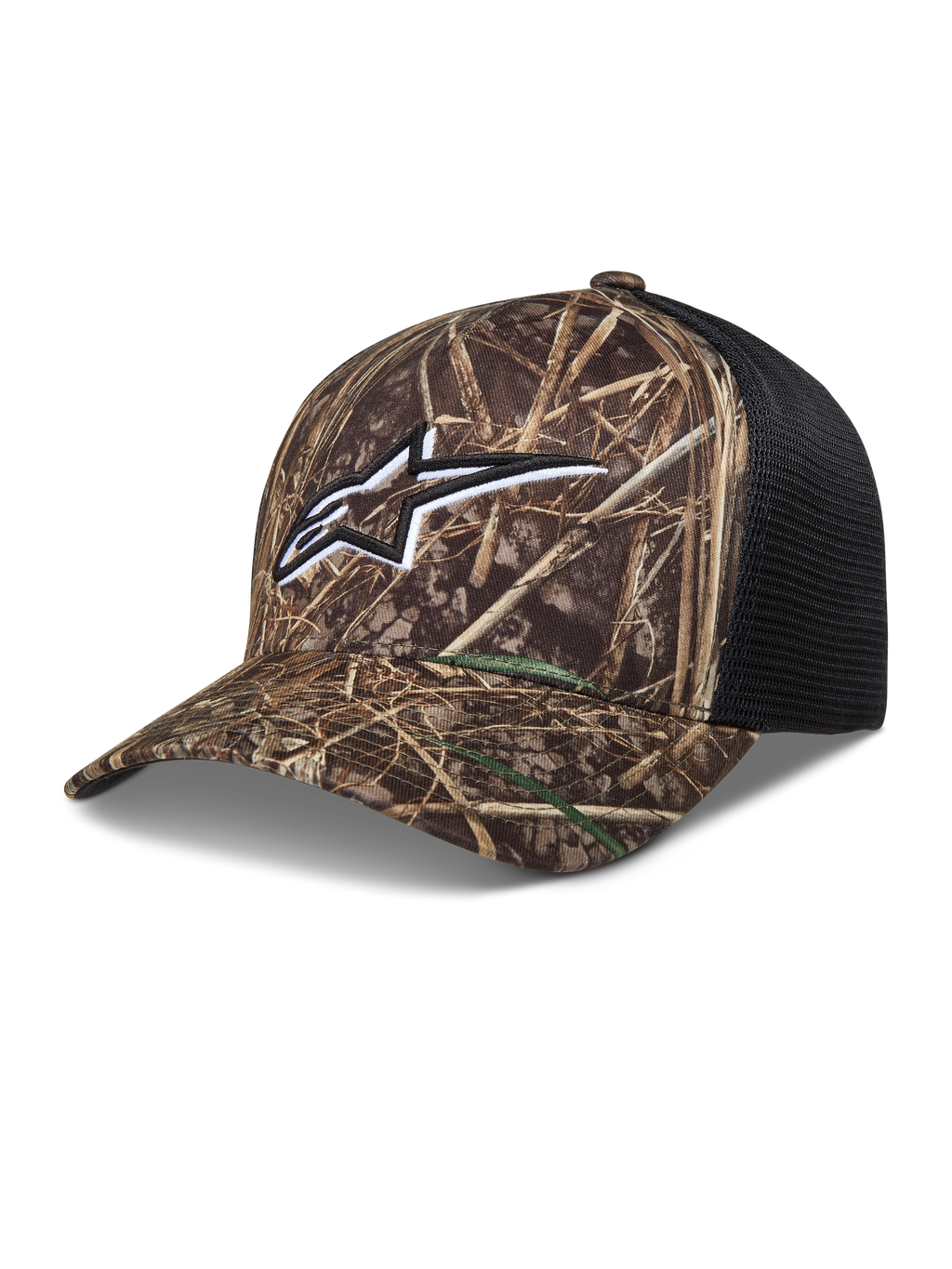 Alpinestars Thicket Realtree boné trucker, camuflagem e preto, logótipo Astars bordado, aba curva e malha respirável.