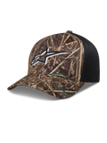 Alpinestars Thicket Realtree boné trucker, camuflagem e preto, logótipo Astars bordado, aba curva e malha respirável.