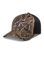 Alpinestars Thicket Realtree boné trucker, camuflagem e preto, logótipo Astars bordado, aba curva e malha respirável.