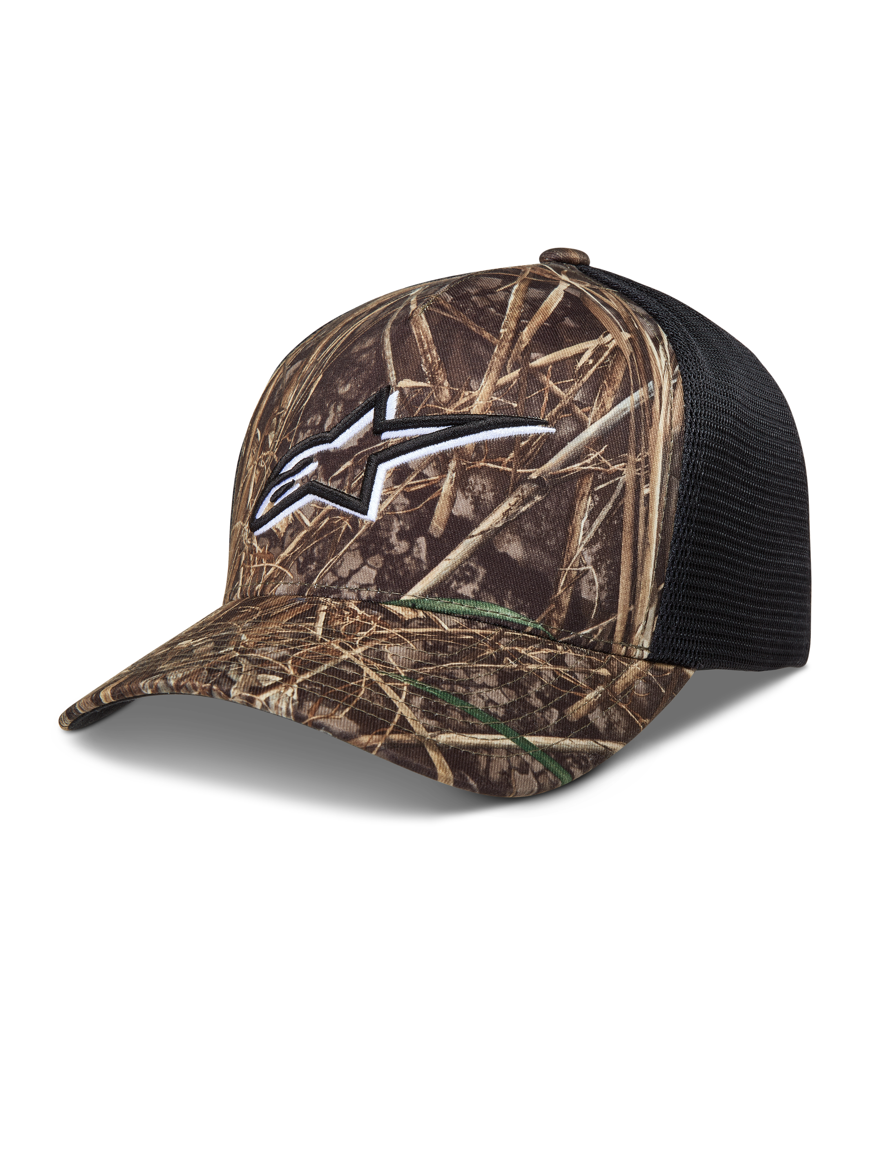 Alpinestars Thicket Realtree boné trucker, camuflagem e preto, logótipo Astars bordado, aba curva e malha respirável.