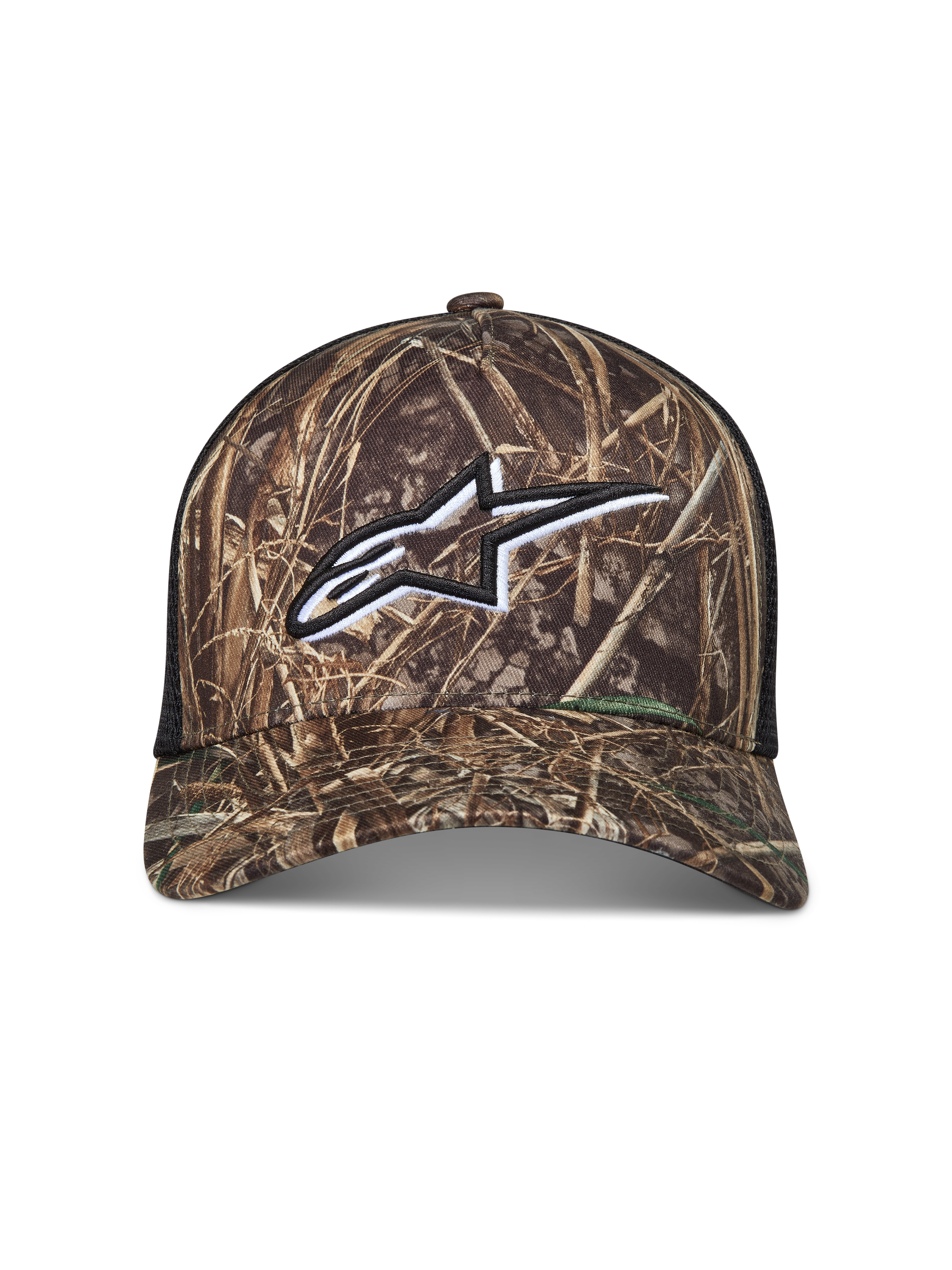Alpinestars Thicket Realtree boné trucker camuflado e preto com logótipo Astars bordado a branco e malha traseira.