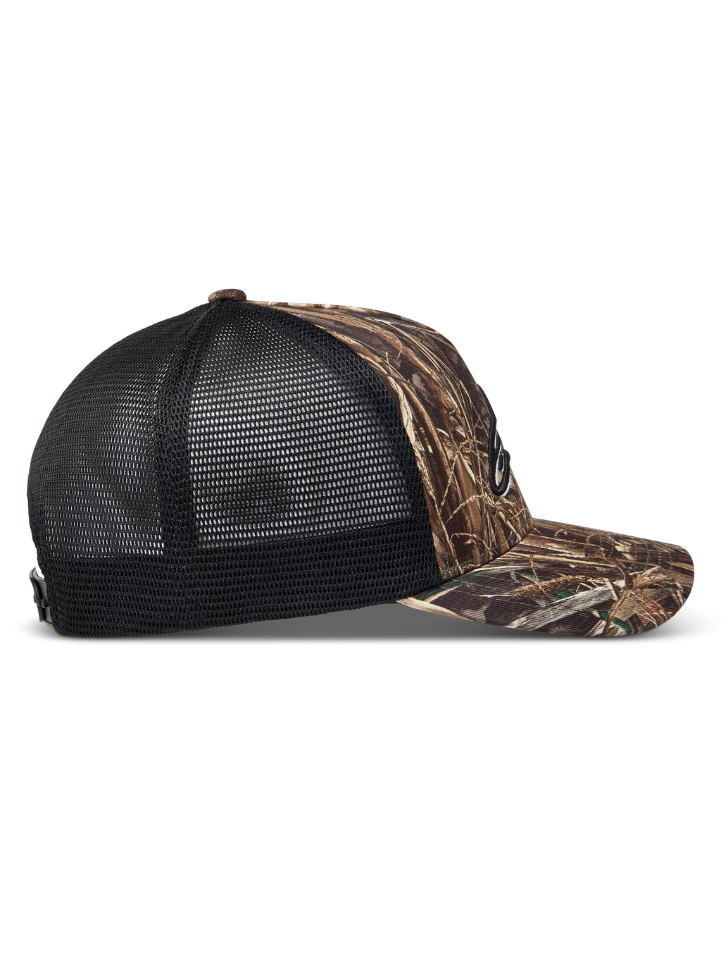 Alpinestars Thicket Realtree boné trucker, padrão camuflado e preto, vista lateral com aba curva e malha traseira respirável.