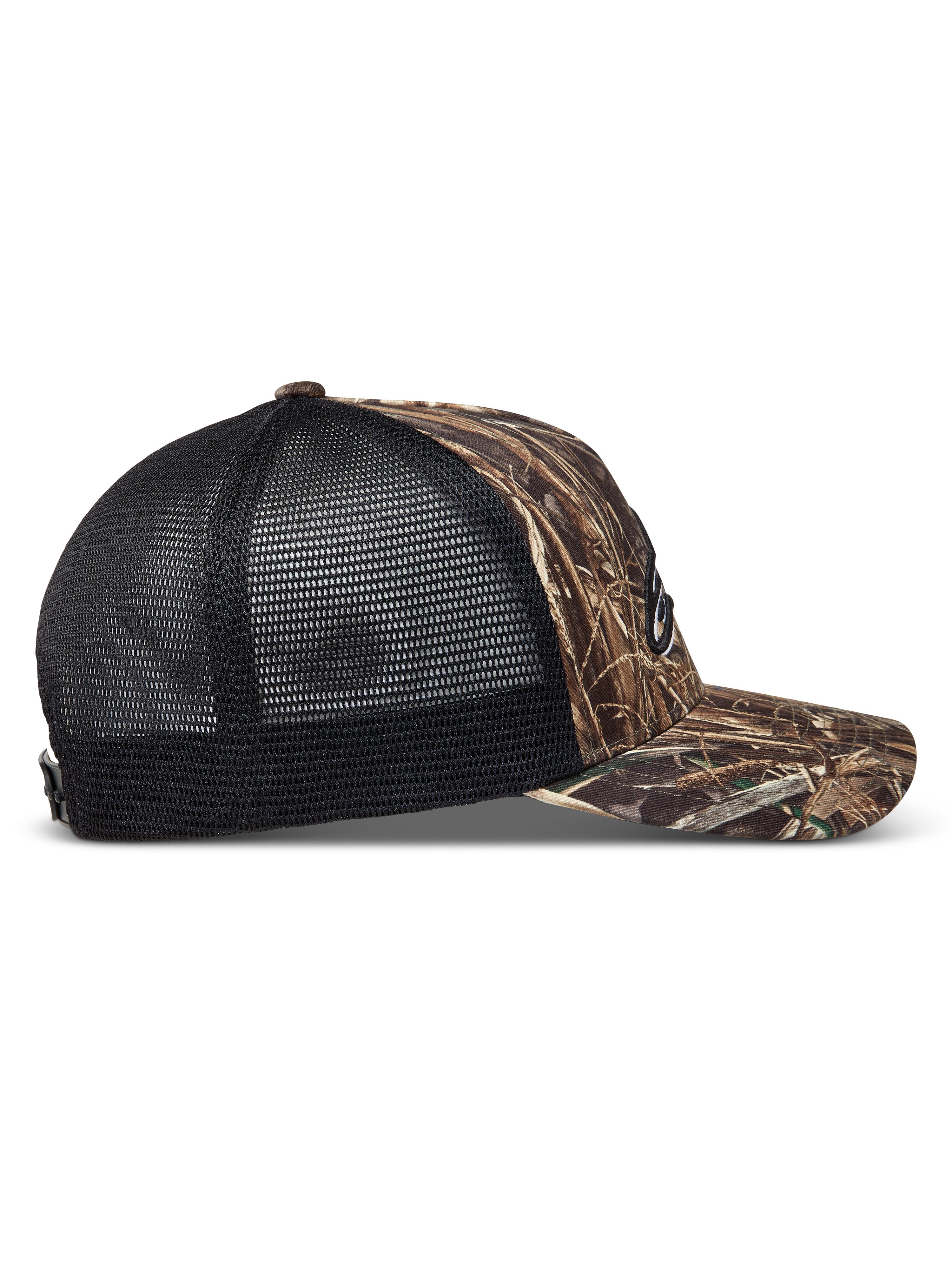 Alpinestars Thicket Realtree boné trucker, padrão camuflado e preto, vista lateral com aba curva e malha traseira respirável.