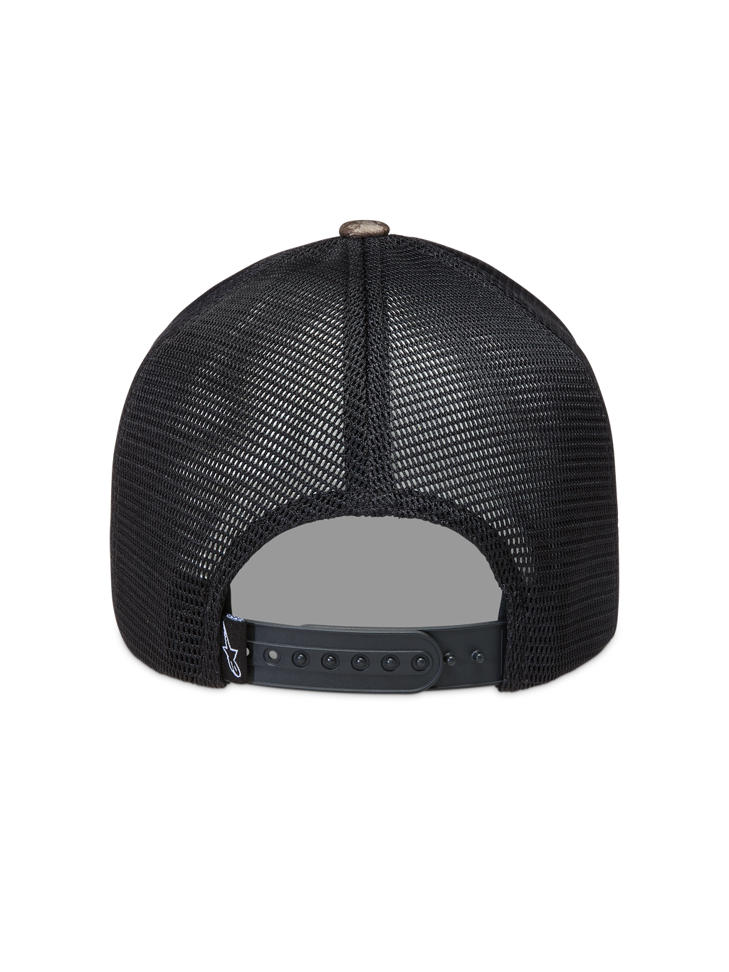 Alpinestars Thicket Realtree, boné trucker preto com malha e fecho snapback, vista traseira.