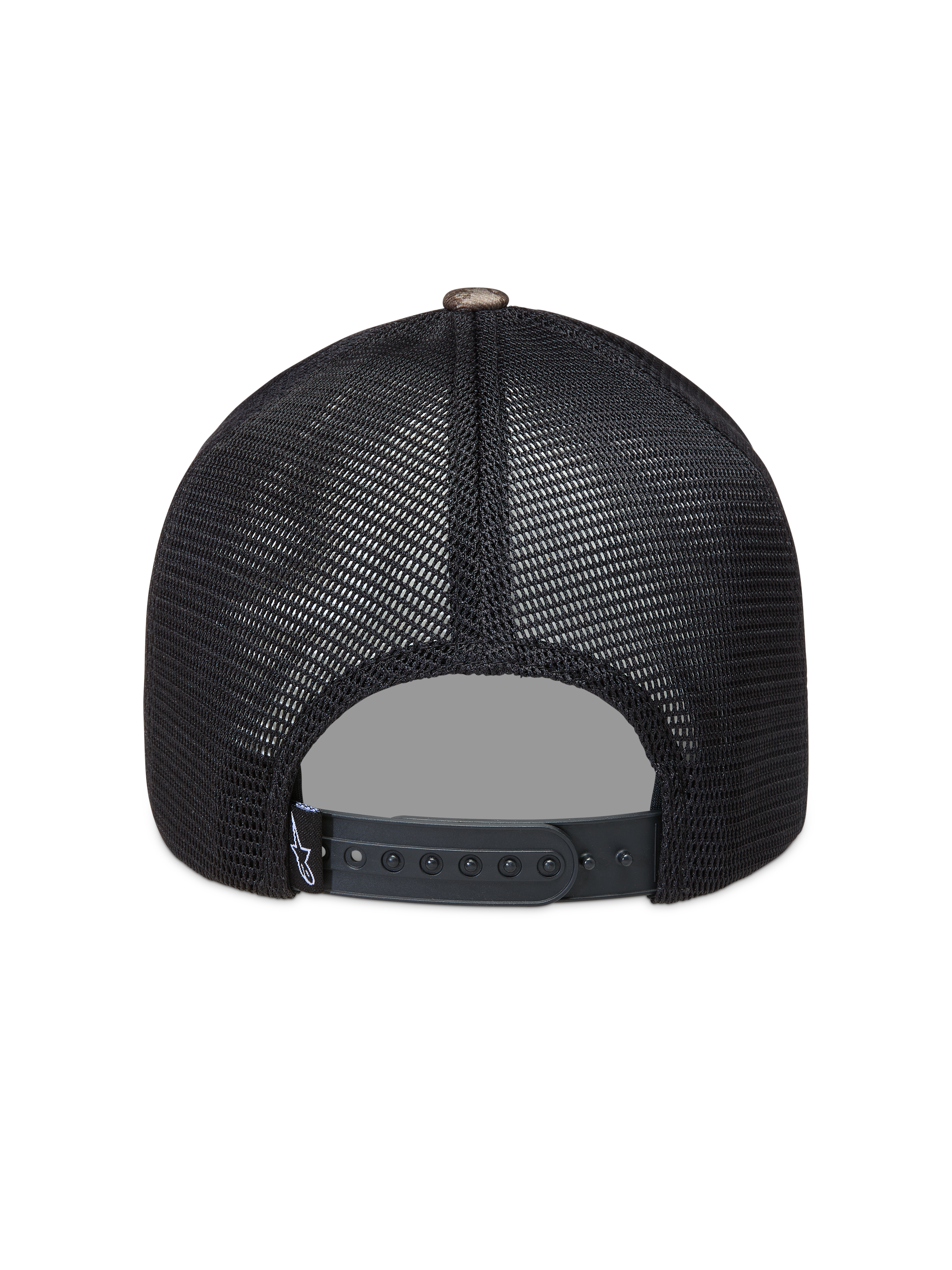 Alpinestars Thicket Realtree, boné trucker preto com malha e fecho snapback, vista traseira.