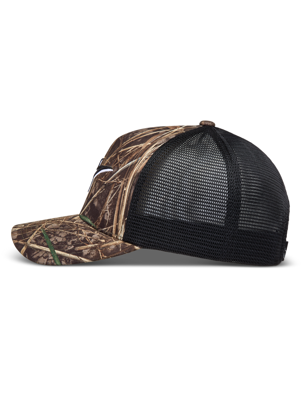 Alpinestars Thicket Realtree, boné trucker camuflado e preto com aba curva e parte traseira em malha respirável.