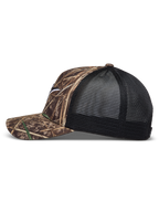 Alpinestars Thicket Realtree, boné trucker camuflado e preto com aba curva e parte traseira em malha respirável.