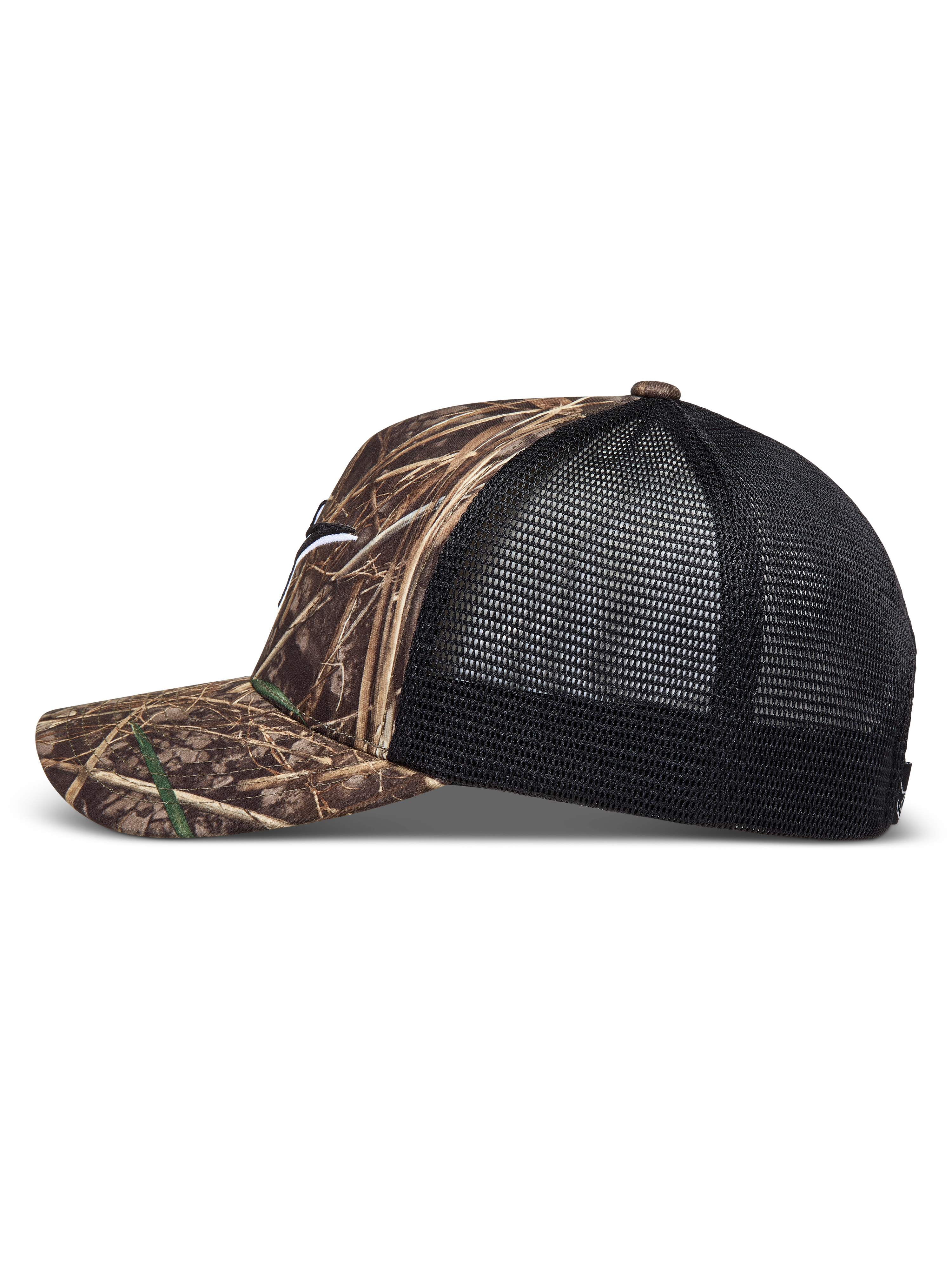 Alpinestars Thicket Realtree, boné trucker camuflado e preto com aba curva e parte traseira em malha respirável.
