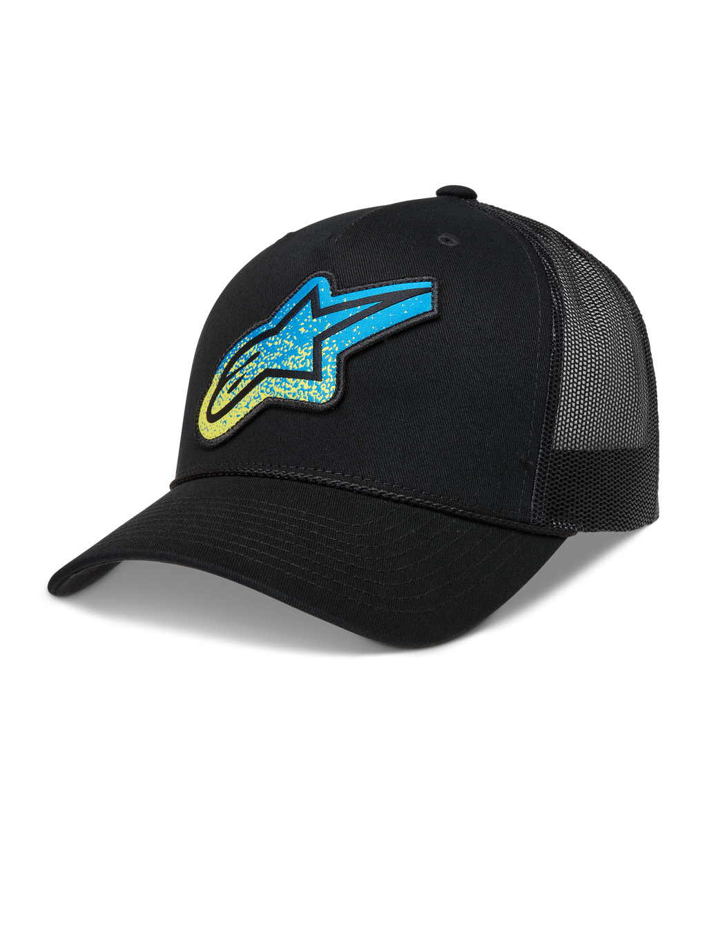 Alpinestars Meteorite boné trucker, preto com logótipo Astars azul e amarelo, traseira em malha e aba curva.
