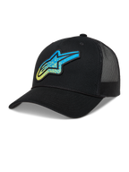 Alpinestars Meteorite boné trucker, preto com logótipo Astars azul e amarelo, traseira em malha e aba curva.
