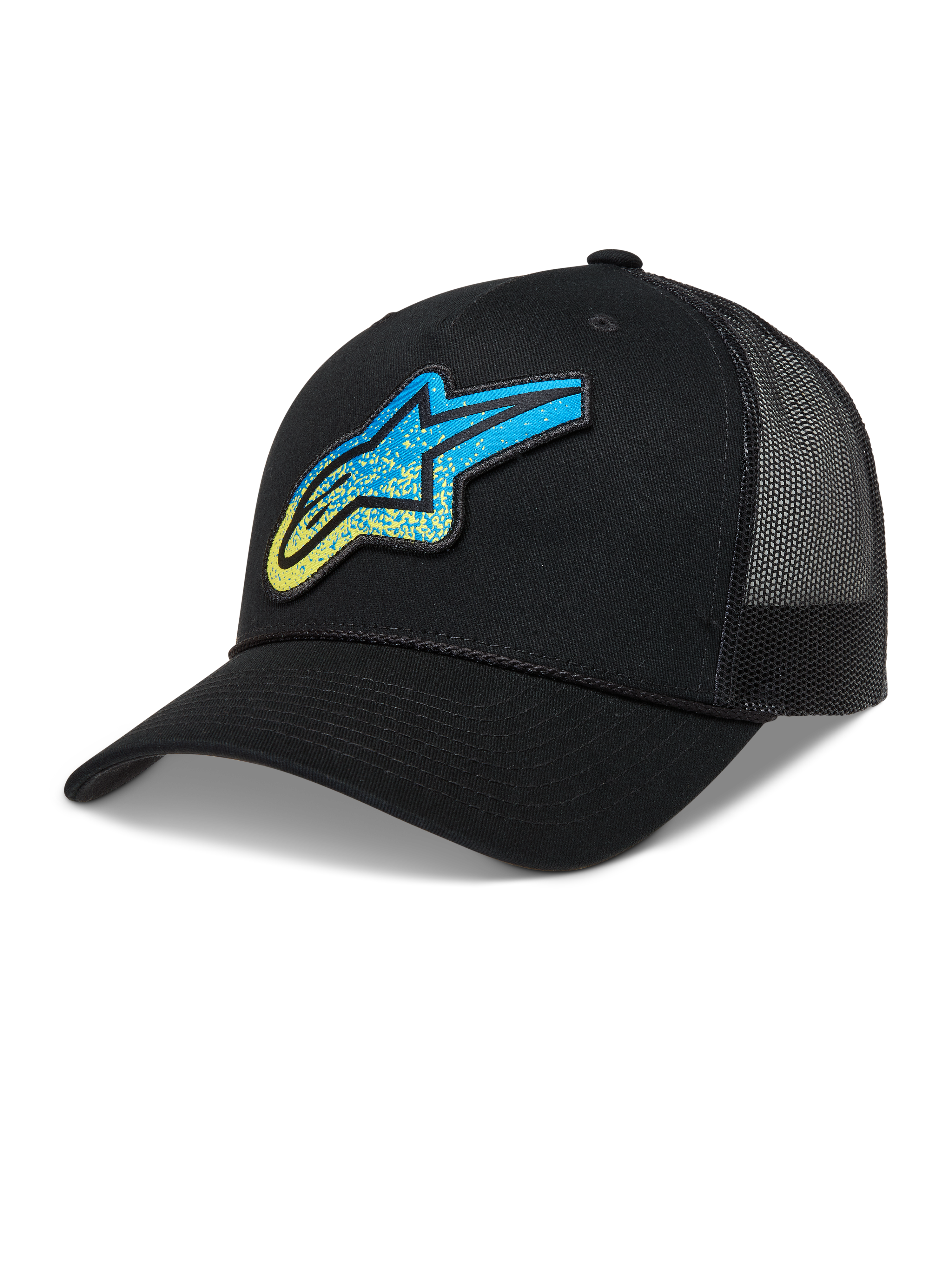 Alpinestars Meteorite boné trucker, preto com logótipo Astars azul e amarelo, traseira em malha e aba curva.