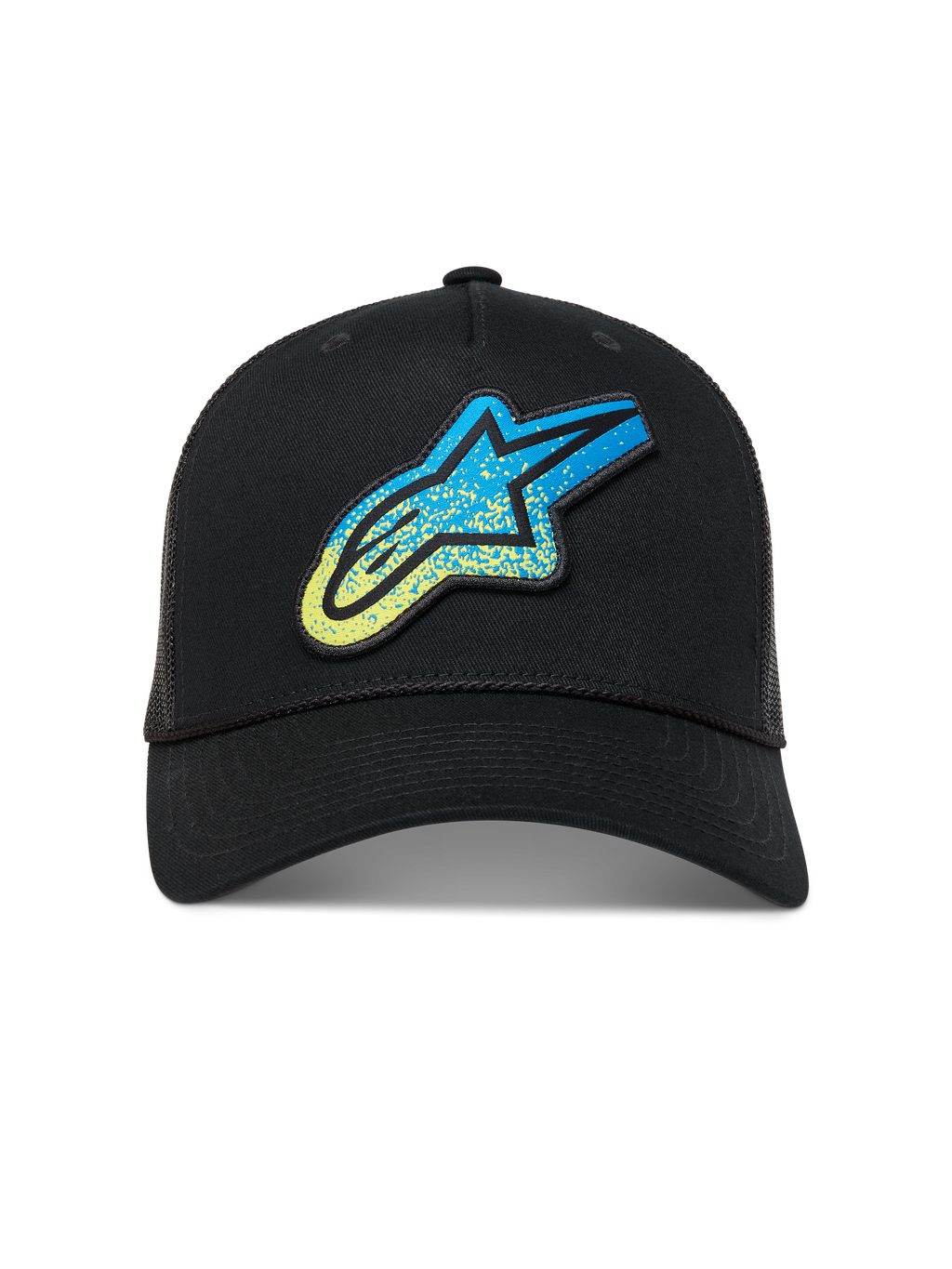 Alpinestars Meteorite Boné trucker preto, logótipo Astars com textura de cascalho azul e amarela e malha traseira.