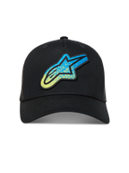 Alpinestars Meteorite Boné trucker preto, logótipo Astars com textura de cascalho azul e amarela e malha traseira.