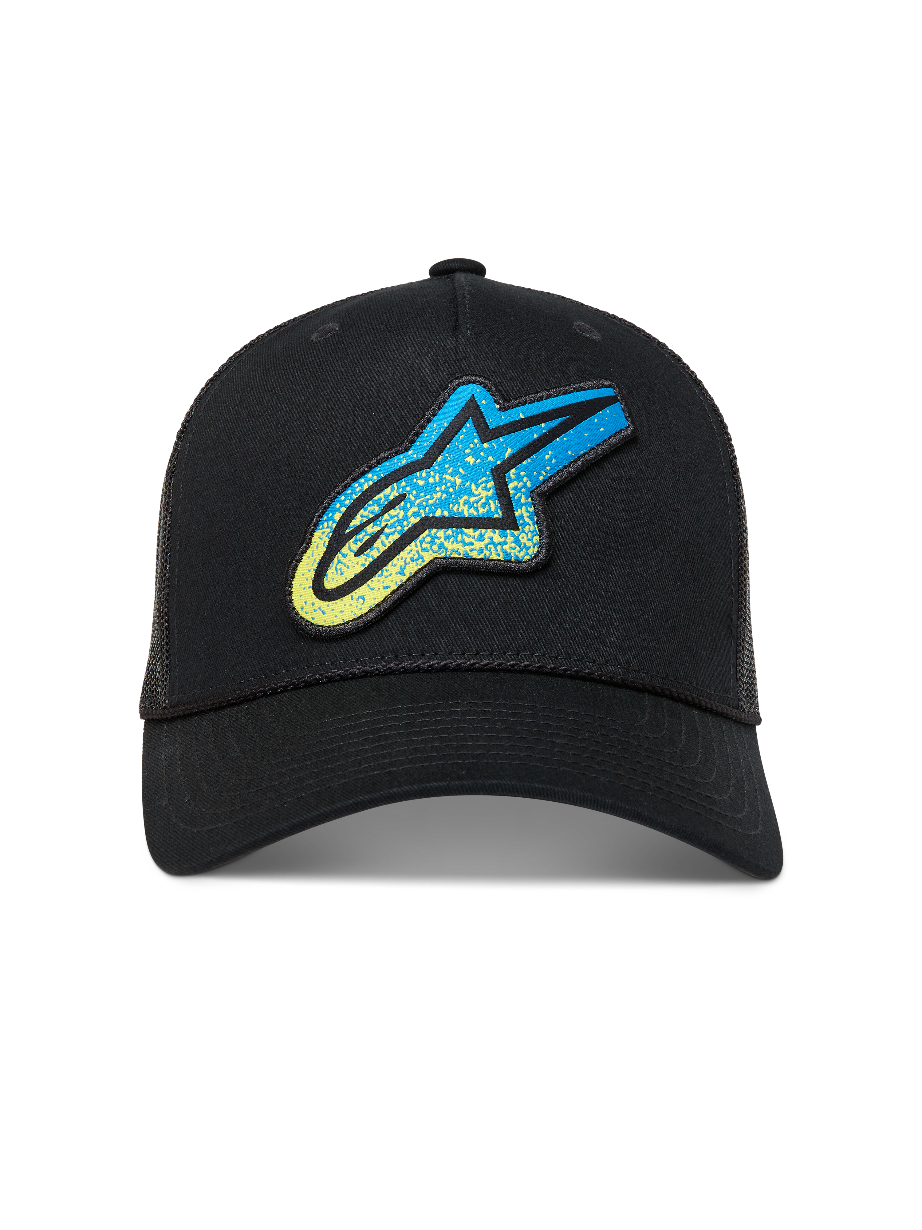 Alpinestars Meteorite Boné trucker preto, logótipo Astars com textura de cascalho azul e amarela e malha traseira.
