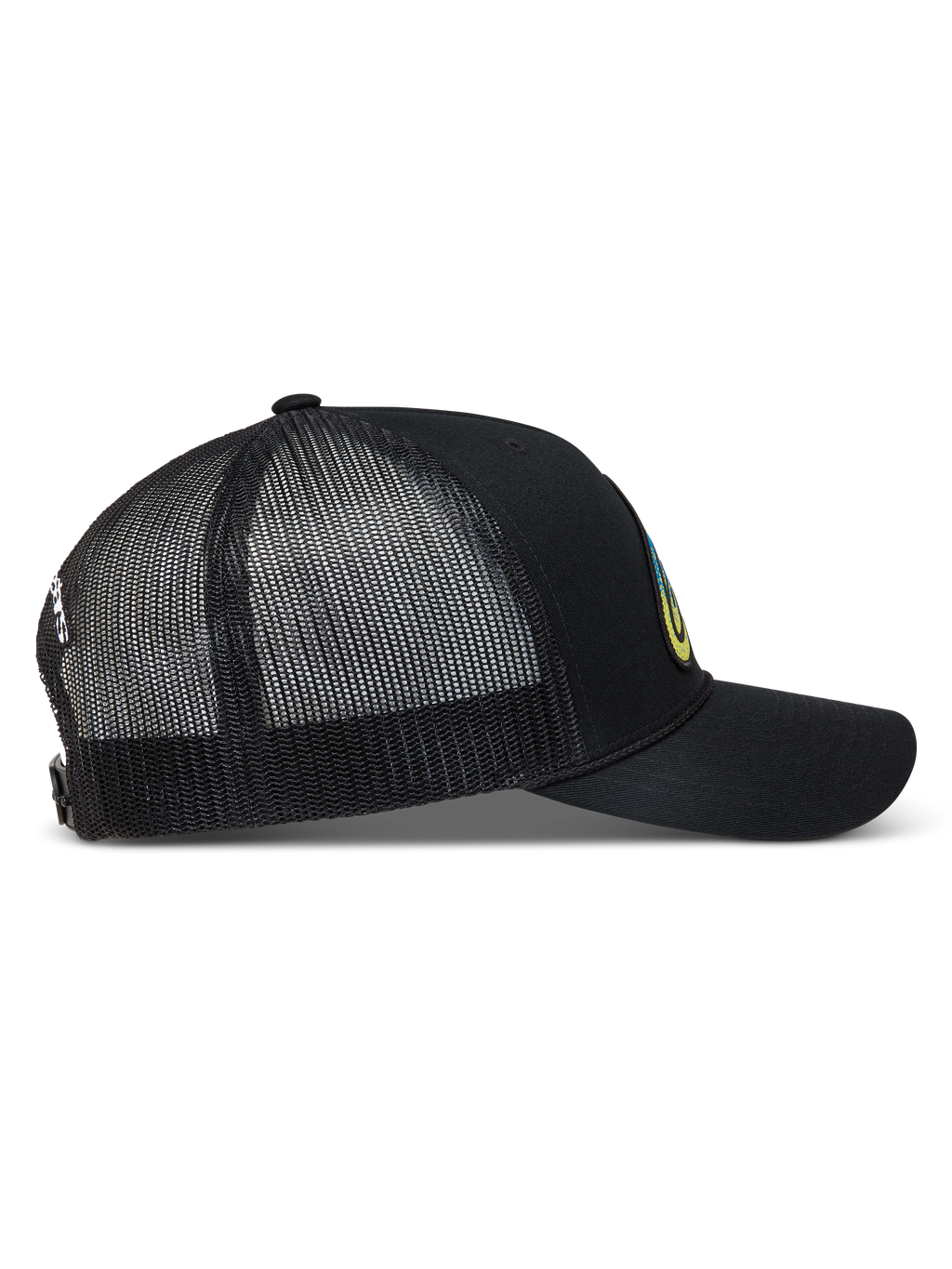 Alpinestars Meteorite boné trucker preto, vista lateral com malha traseira respirável, aba curva e fecho snapback.