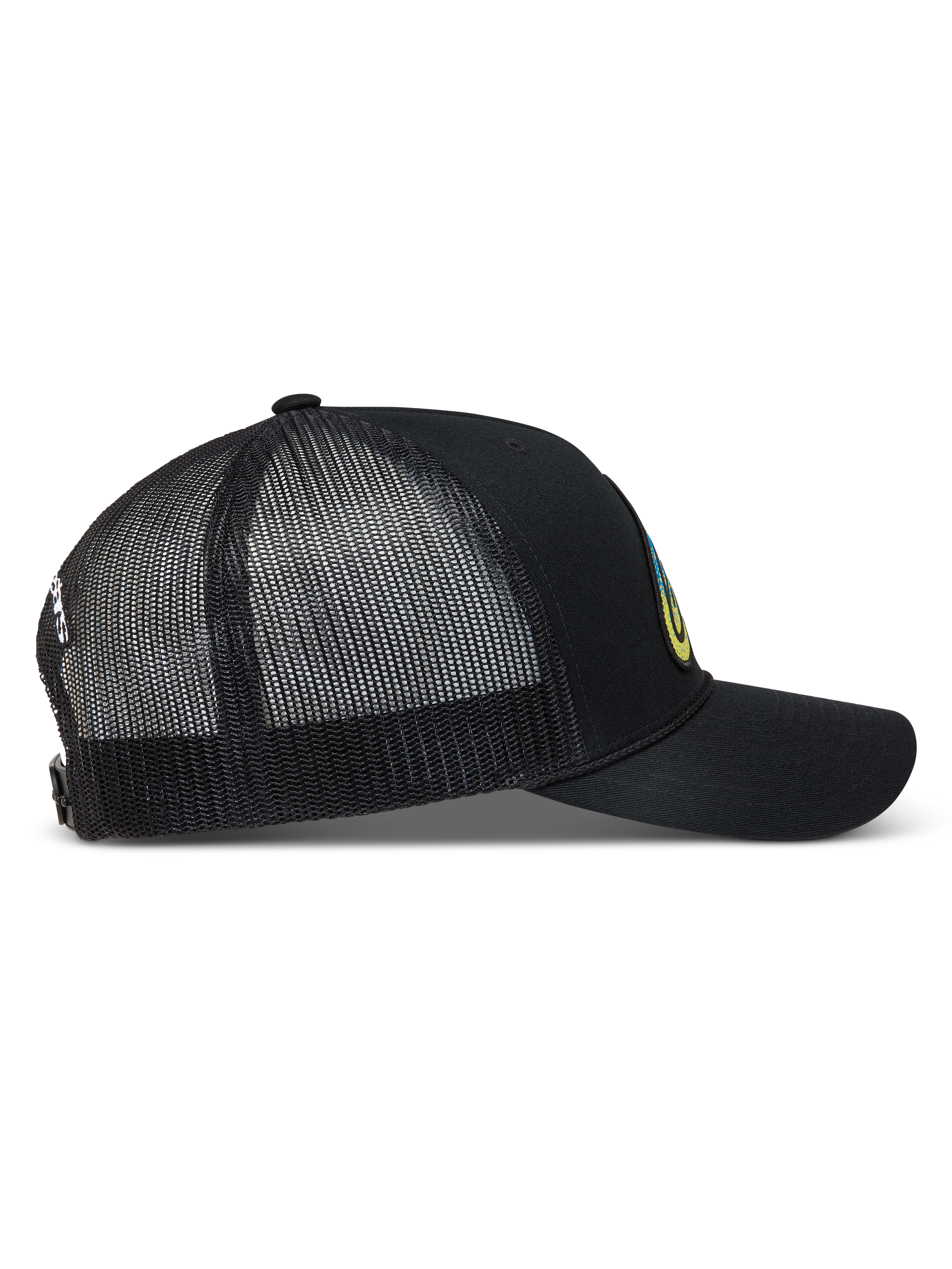 Alpinestars Meteorite boné trucker preto, vista lateral com malha traseira respirável, aba curva e fecho snapback.