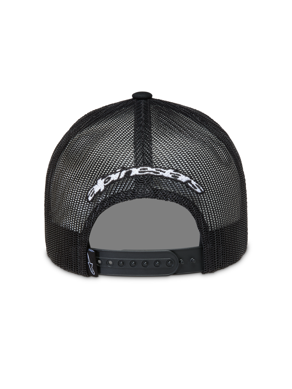 Alpinestars Meteorite boné trucker, vista traseira em malha de poliéster preta, logótipo bordado branco e fecho snapback.