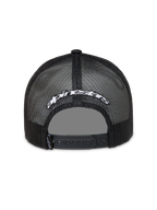 Alpinestars Meteorite boné trucker, vista traseira em malha de poliéster preta, logótipo bordado branco e fecho snapback.