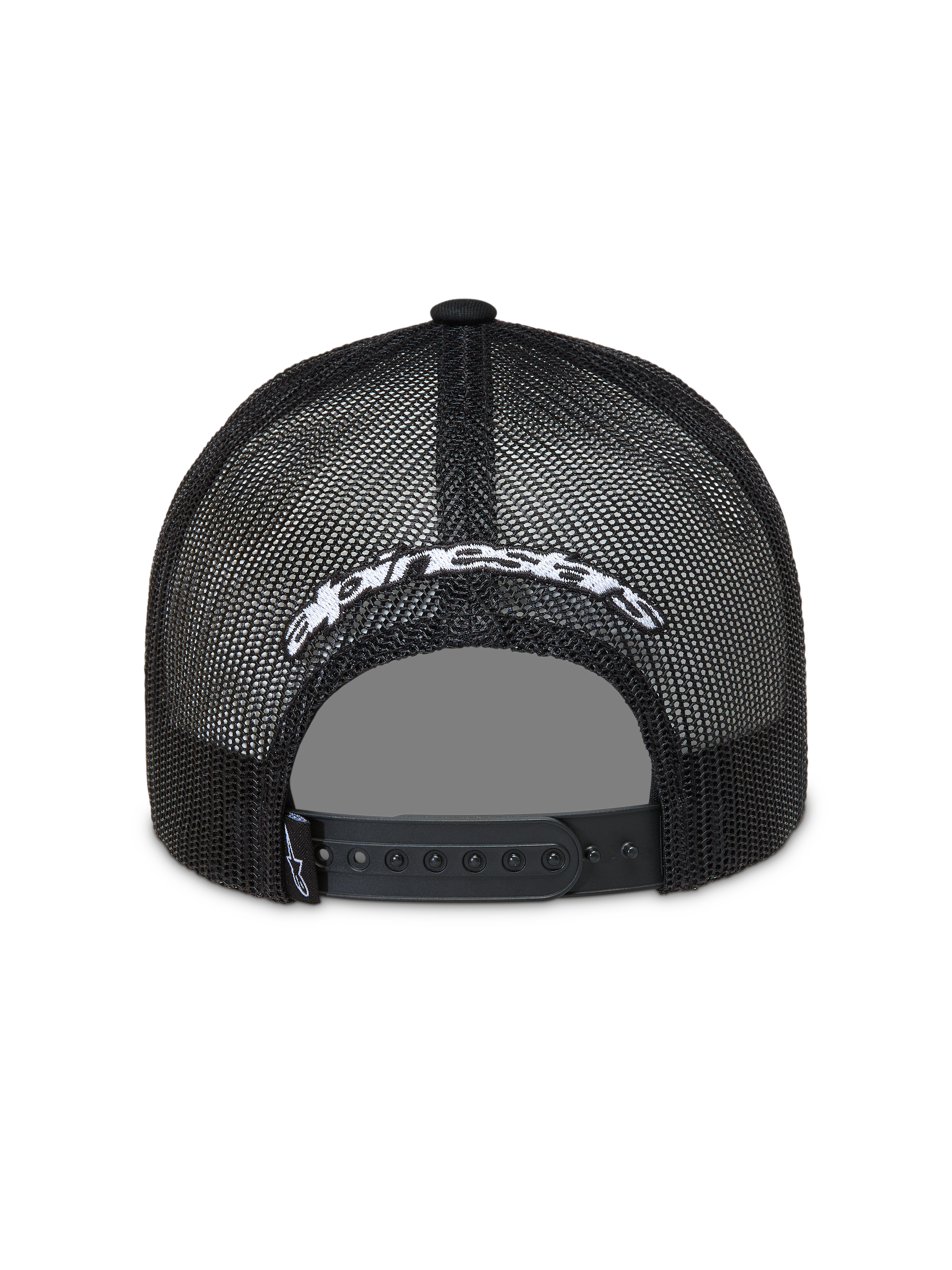 Alpinestars Meteorite boné trucker, vista traseira em malha de poliéster preta, logótipo bordado branco e fecho snapback.