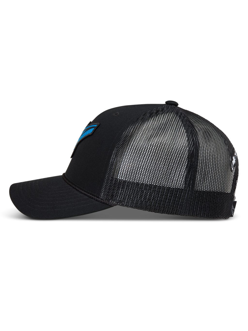 Alpinestars Meteorite Boné Trucker, boné preto com malha respirável, aba curva e logótipo azul e preto.