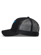 Alpinestars Meteorite Boné Trucker, boné preto com malha respirável, aba curva e logótipo azul e preto.