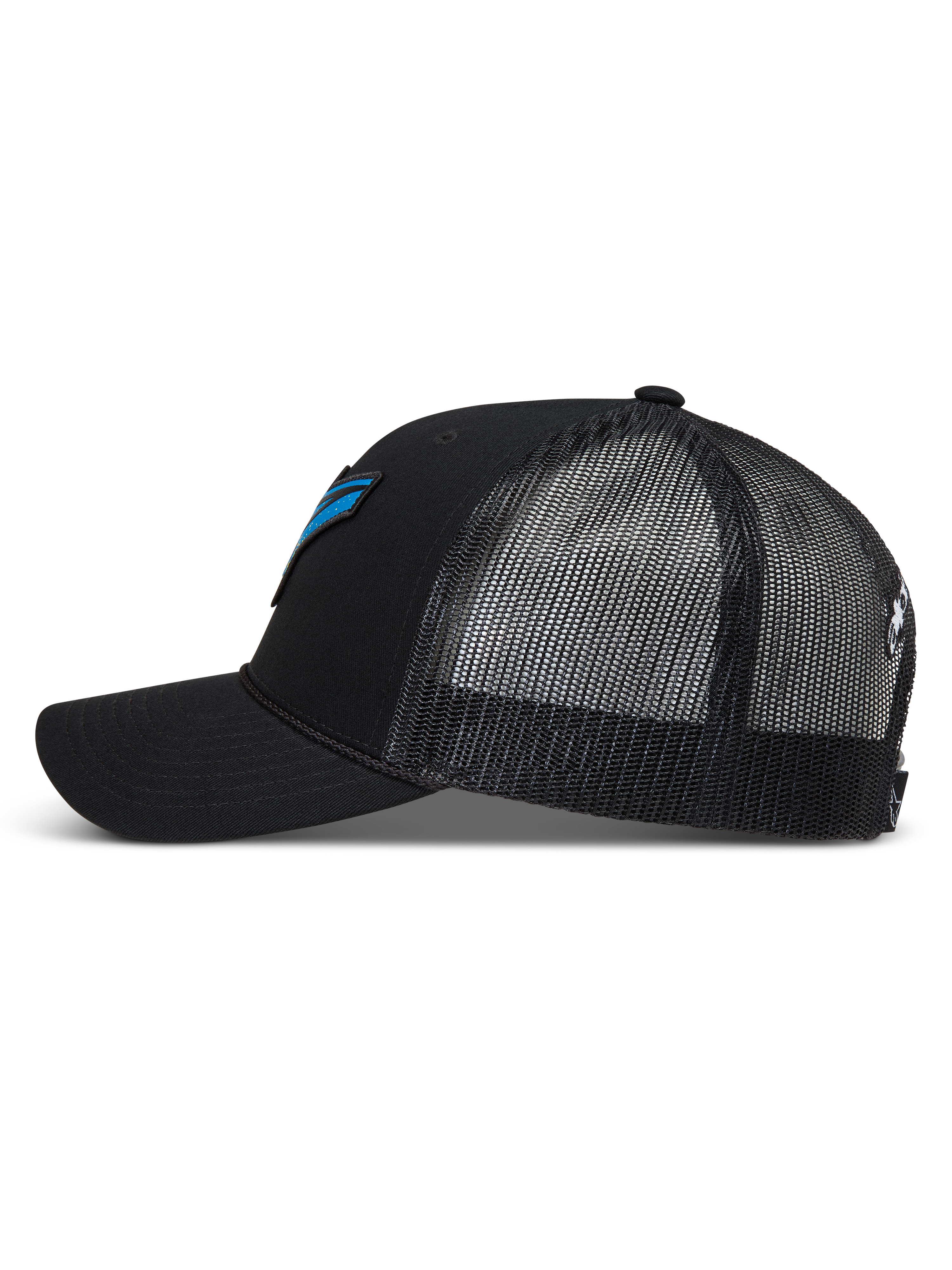 Alpinestars Meteorite Boné Trucker, boné preto com malha respirável, aba curva e logótipo azul e preto.