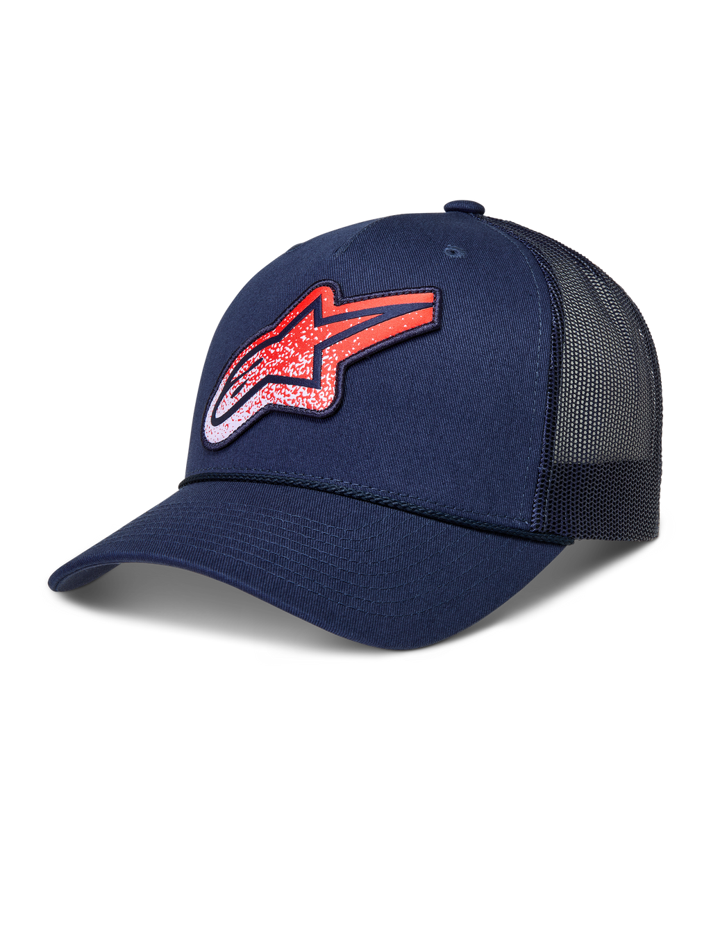 Alpinestars Meteorite Trucker Hat, Sportswear Lifestyle Cap, Navy Blue and Red, featuring a structured crown, curved bill, breathable mesh back panels, and a textured Astars logo patch.