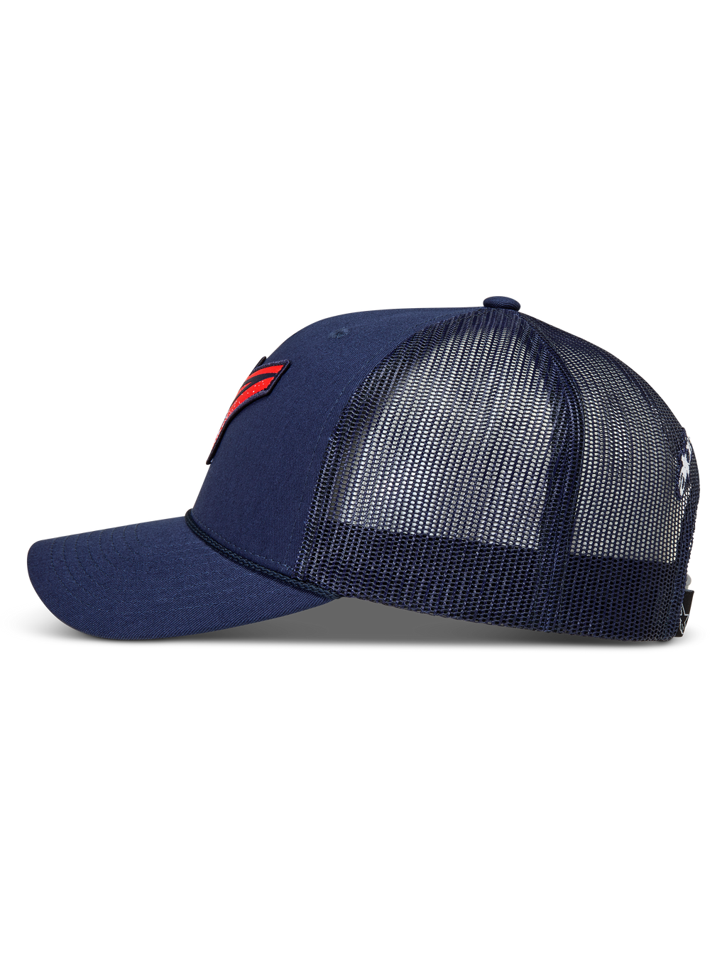 Alpinestars Meteorite Trucker Hat, navy blue sportswear cap with a mesh back, curved bill, and red gravel texture logo patch.