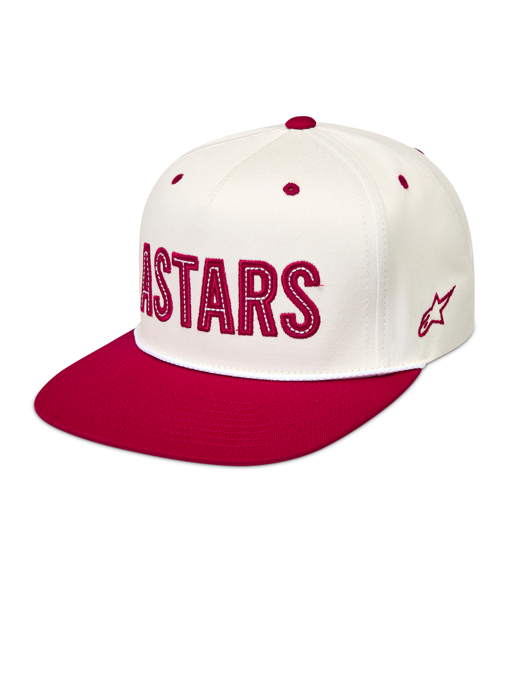 Alpinestars Stadium Snapback Chapéu, boné branco e vermelho com coroa estruturada, aba plana e logótipo Astars frontal.