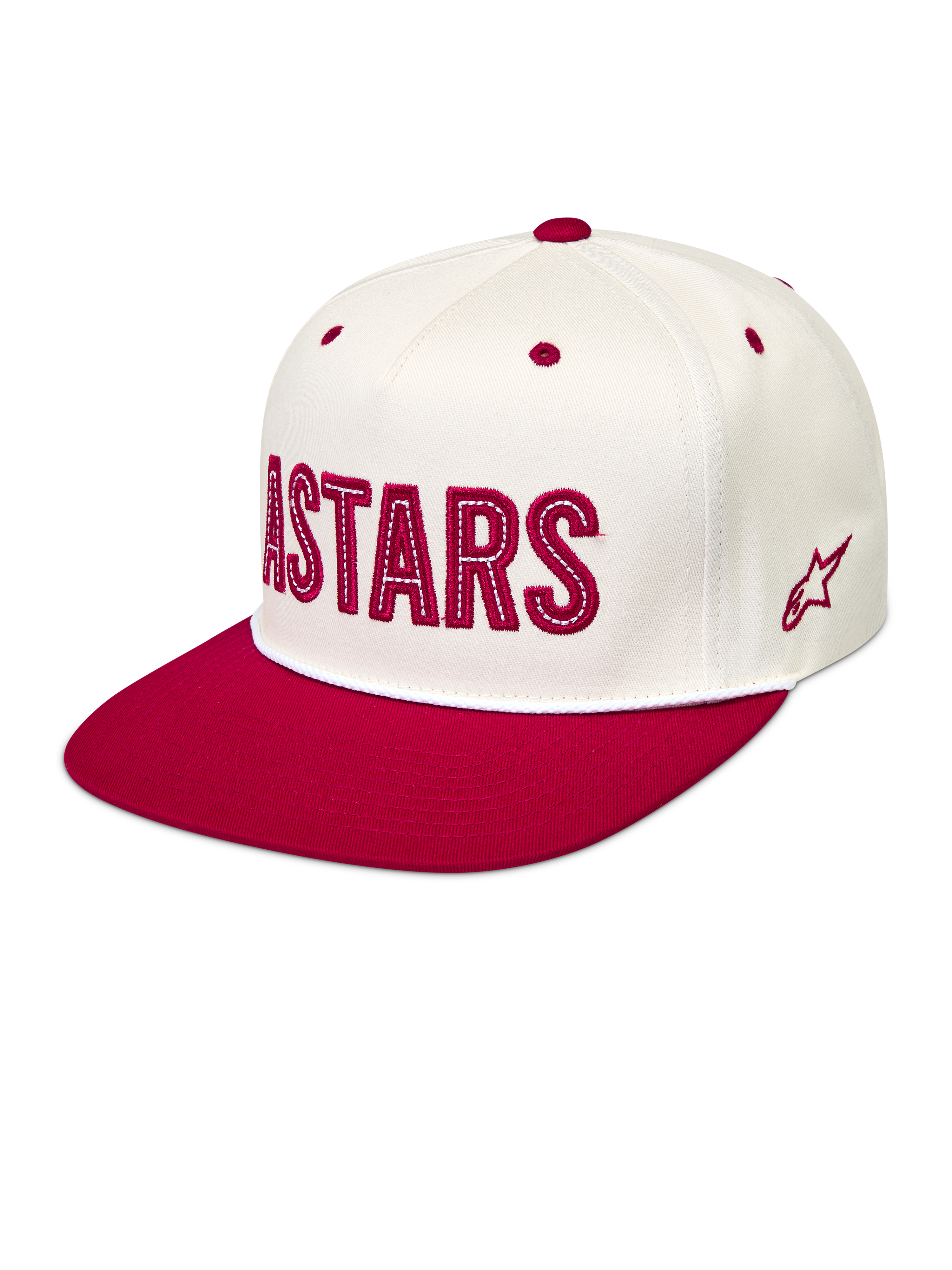 Alpinestars Stadium Snapback Chapéu, boné branco e vermelho com coroa estruturada, aba plana e logótipo Astars frontal.