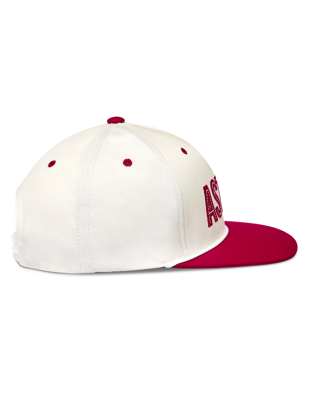 Alpinestars Stadium Snapback, boné de aba plana em sarja branco e vermelho, coroa estruturada, perfil.