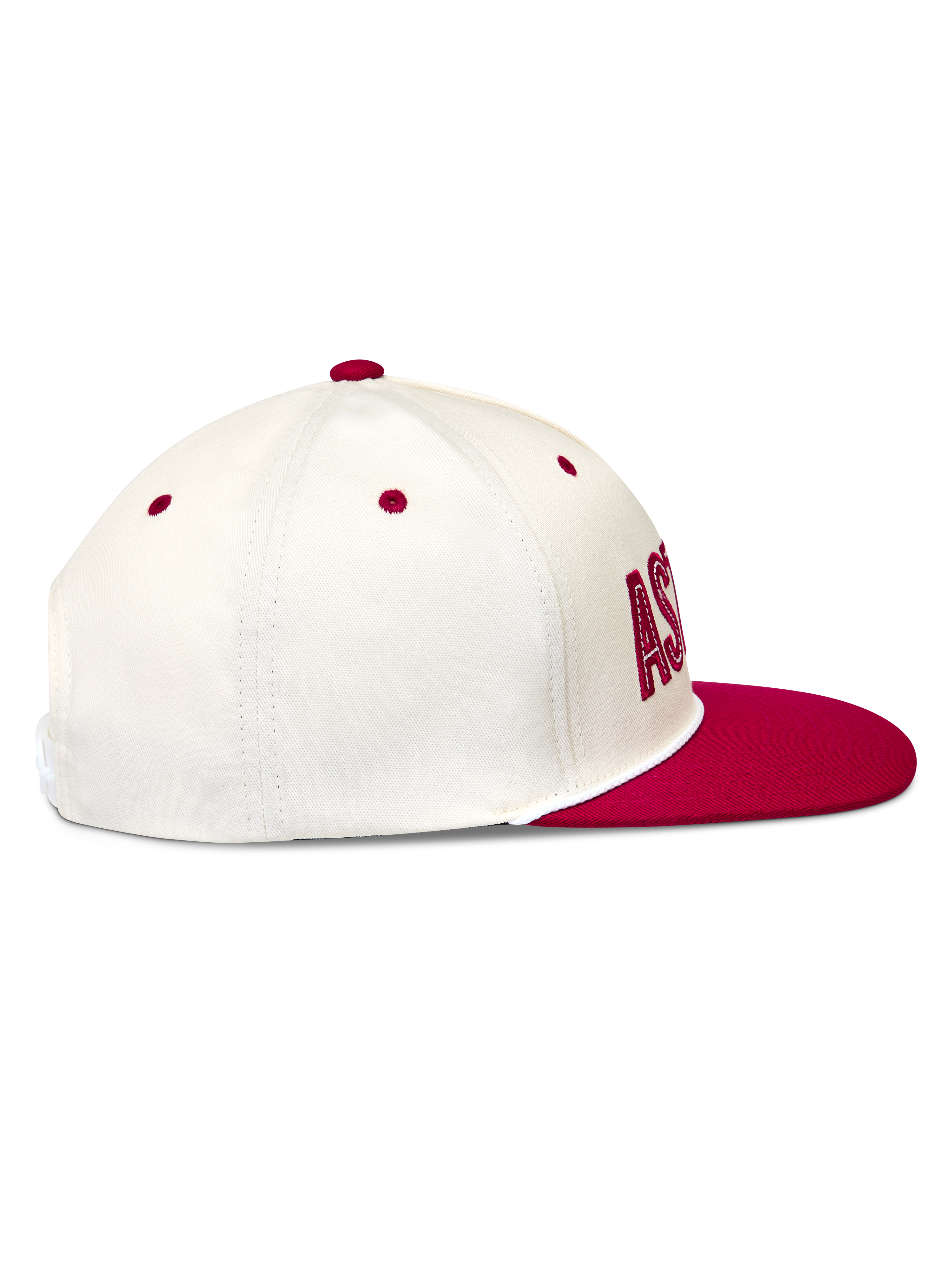 Alpinestars Stadium Snapback, boné de aba plana em sarja branco e vermelho, coroa estruturada, perfil.