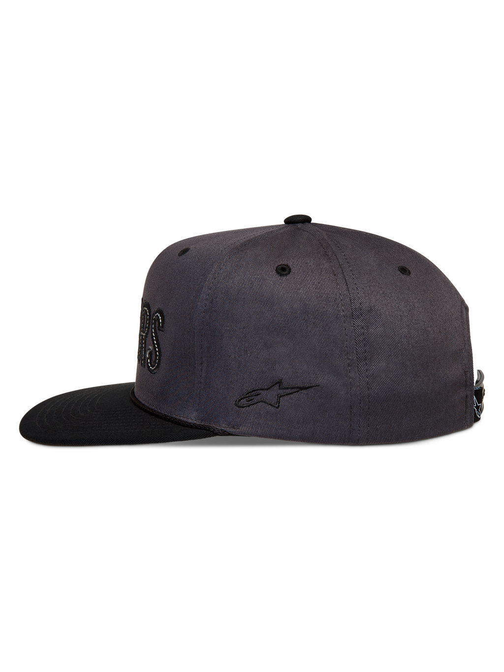 Alpinestars Stadium Snapback Hat, Dark Gray and Black sportswear cap with a flat bill, structured crown, and side embroidery.