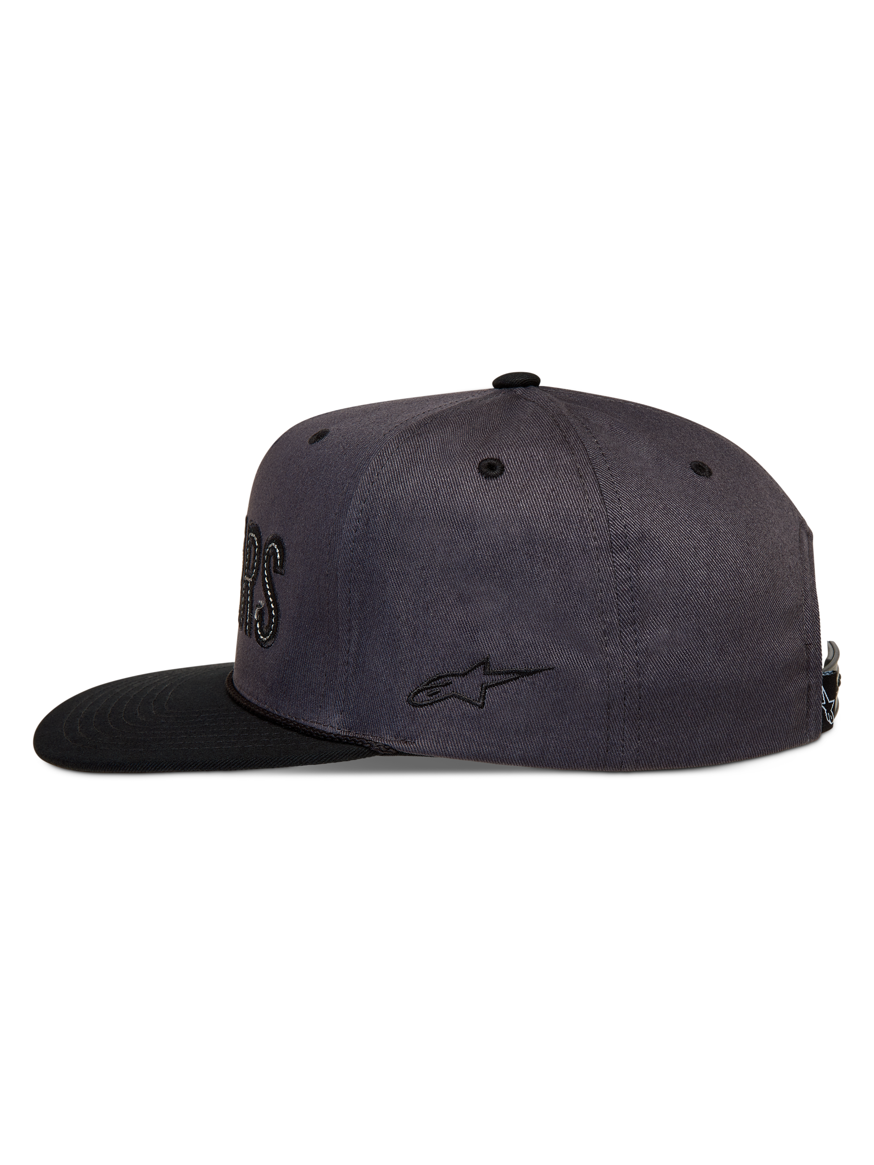Alpinestars Stadium Snapback Hat, Dark Gray and Black sportswear cap with a flat bill, structured crown, and side embroidery.