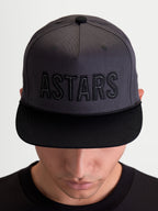 Alpinestars Stadium Snapback Hat, Motorsport-inspired Sportswear Cap, Unisex, Dark Gray and Black, features a flat bill and structured crown with embroidered ASTARS logo and contrast running stitch, made from durable cotton twill.