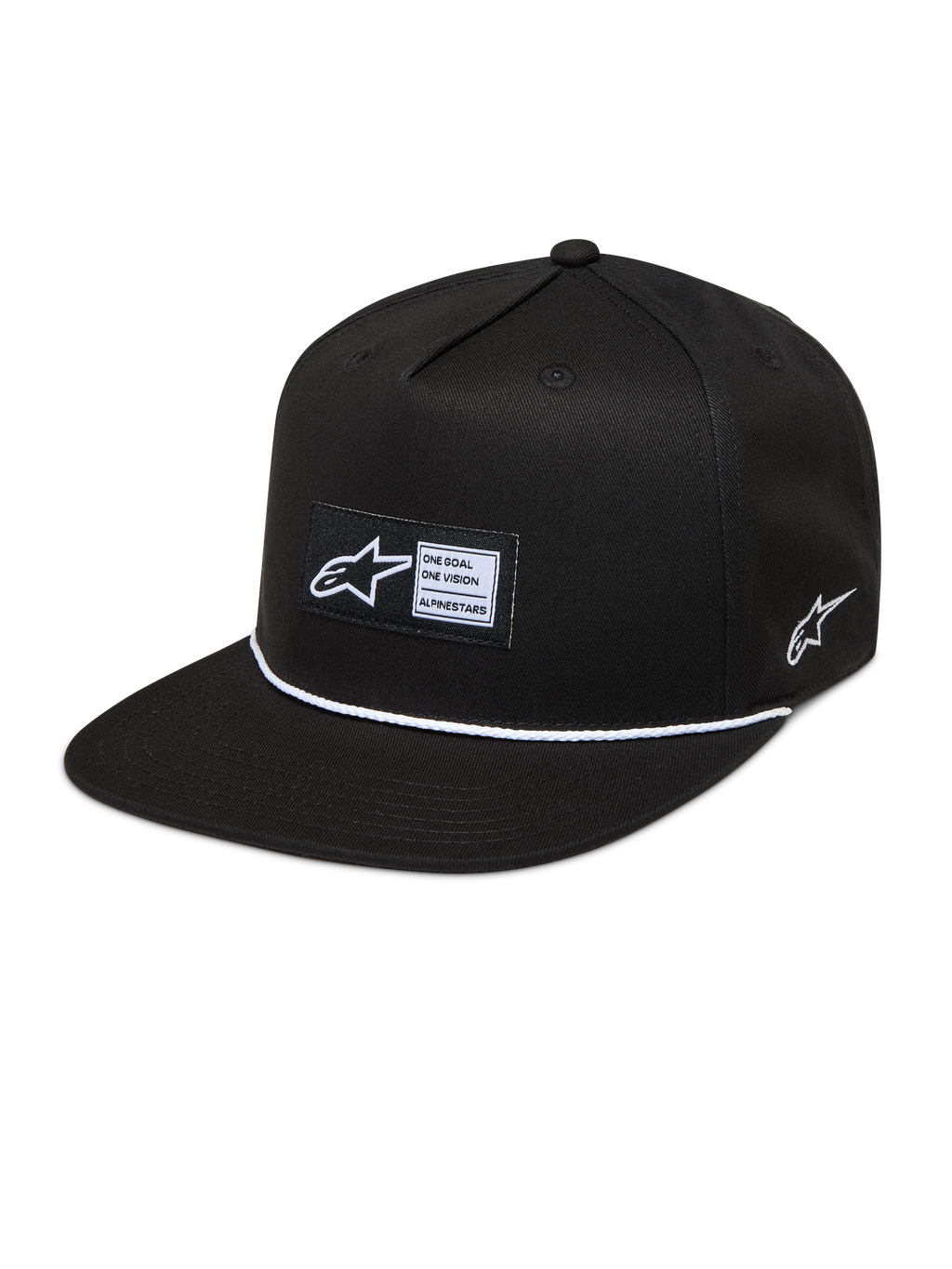 Alpinestars Label Snapback Chapéu, boné sportswear preto e branco com aba plana, etiqueta tecida e detalhe de cordão.