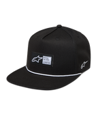 Alpinestars Label Snapback Chapéu, boné sportswear preto e branco com aba plana, etiqueta tecida e detalhe de cordão.