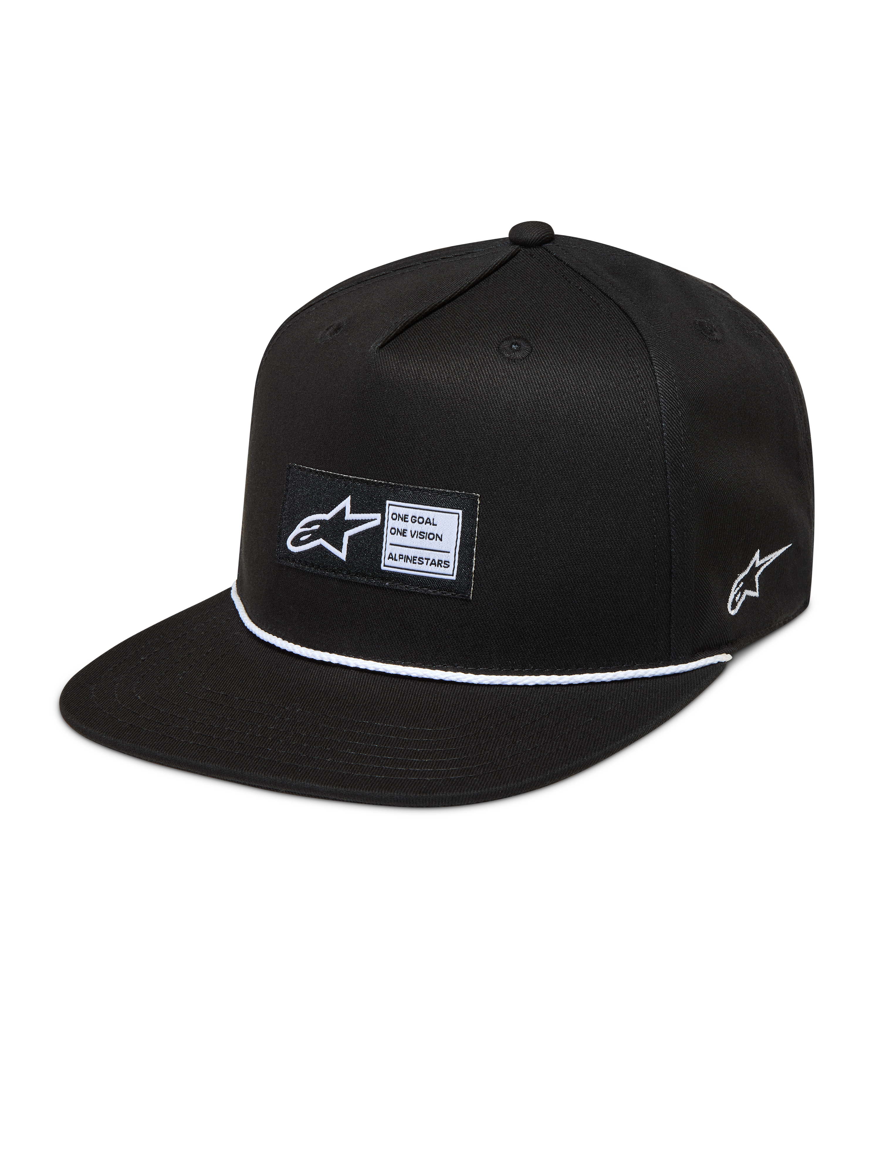 Alpinestars Label Snapback Chapéu, boné sportswear preto e branco com aba plana, etiqueta tecida e detalhe de cordão.