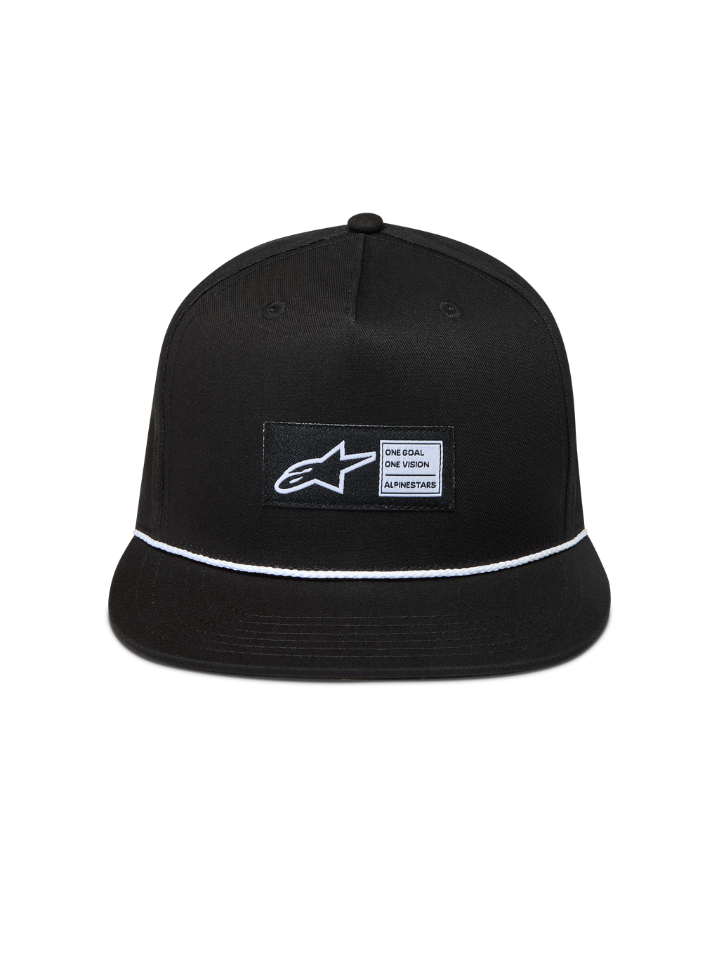 Alpinestars Label Snapback Chapéu, boné de sarja unissexo preto com aba plana, detalhe de cordão entrançado branco e etiqueta tecida Astars.