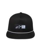 Alpinestars Label Snapback Chapéu, boné de sarja unissexo preto com aba plana, detalhe de cordão entrançado branco e etiqueta tecida Astars.