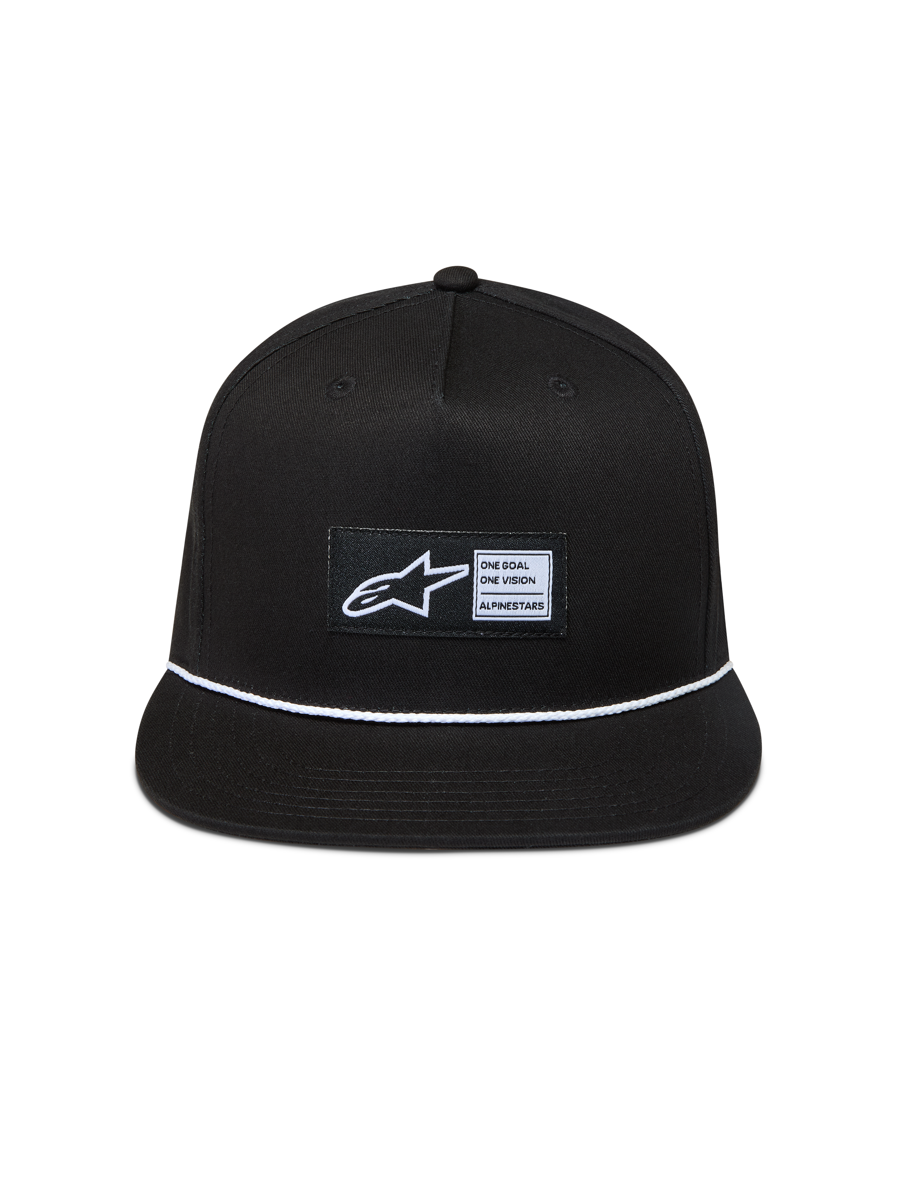 Alpinestars Label Snapback Chapéu, boné de sarja unissexo preto com aba plana, detalhe de cordão entrançado branco e etiqueta tecida Astars.